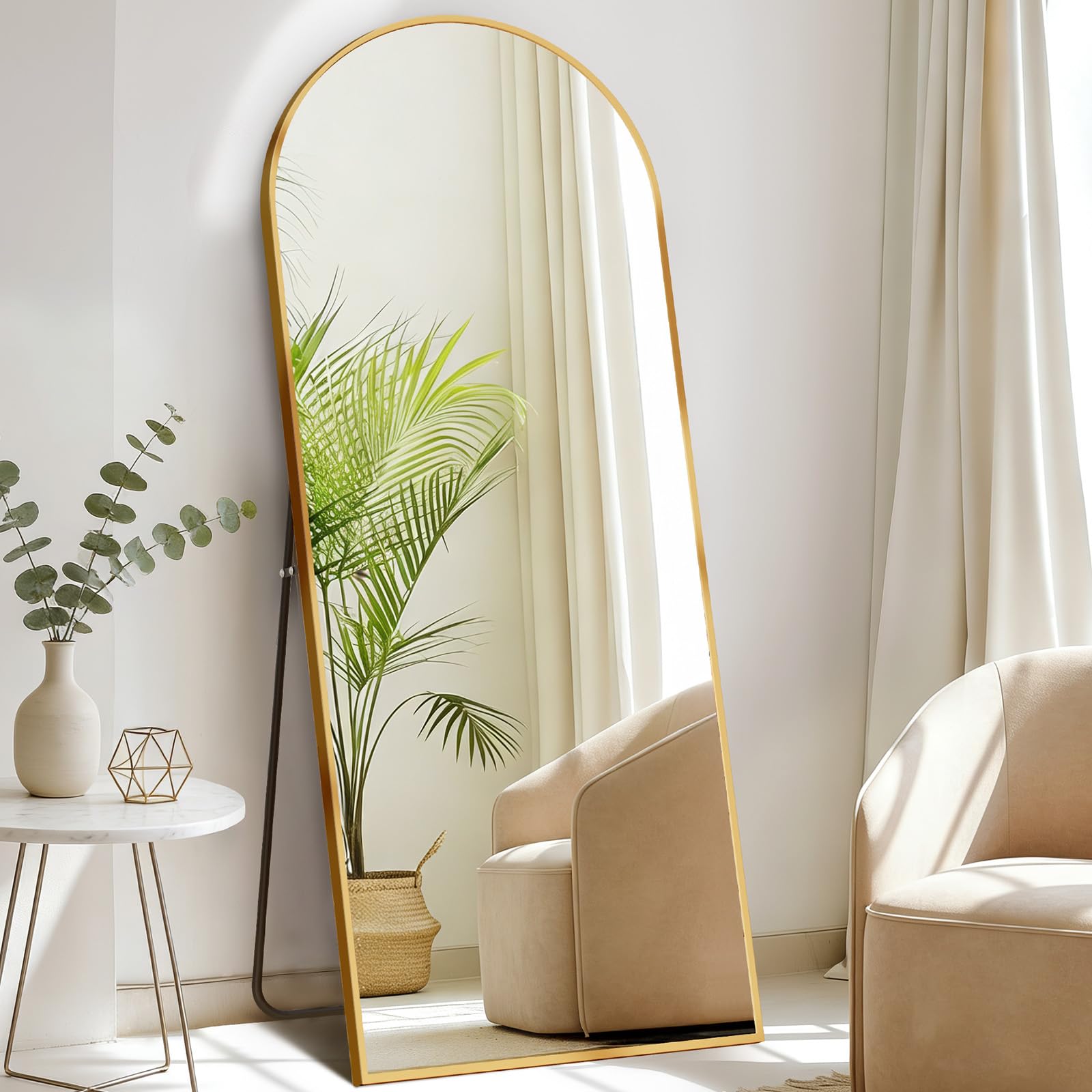DUMOS 63.6"x20.6" Arched Full Length Mirror with Stand Floor Free Standing Aluminum Frame for Bedroom Body Hanging Leaning Modern Simple Home Decor Shatter-proorf Nano Glass Wall, Gold-Rounded