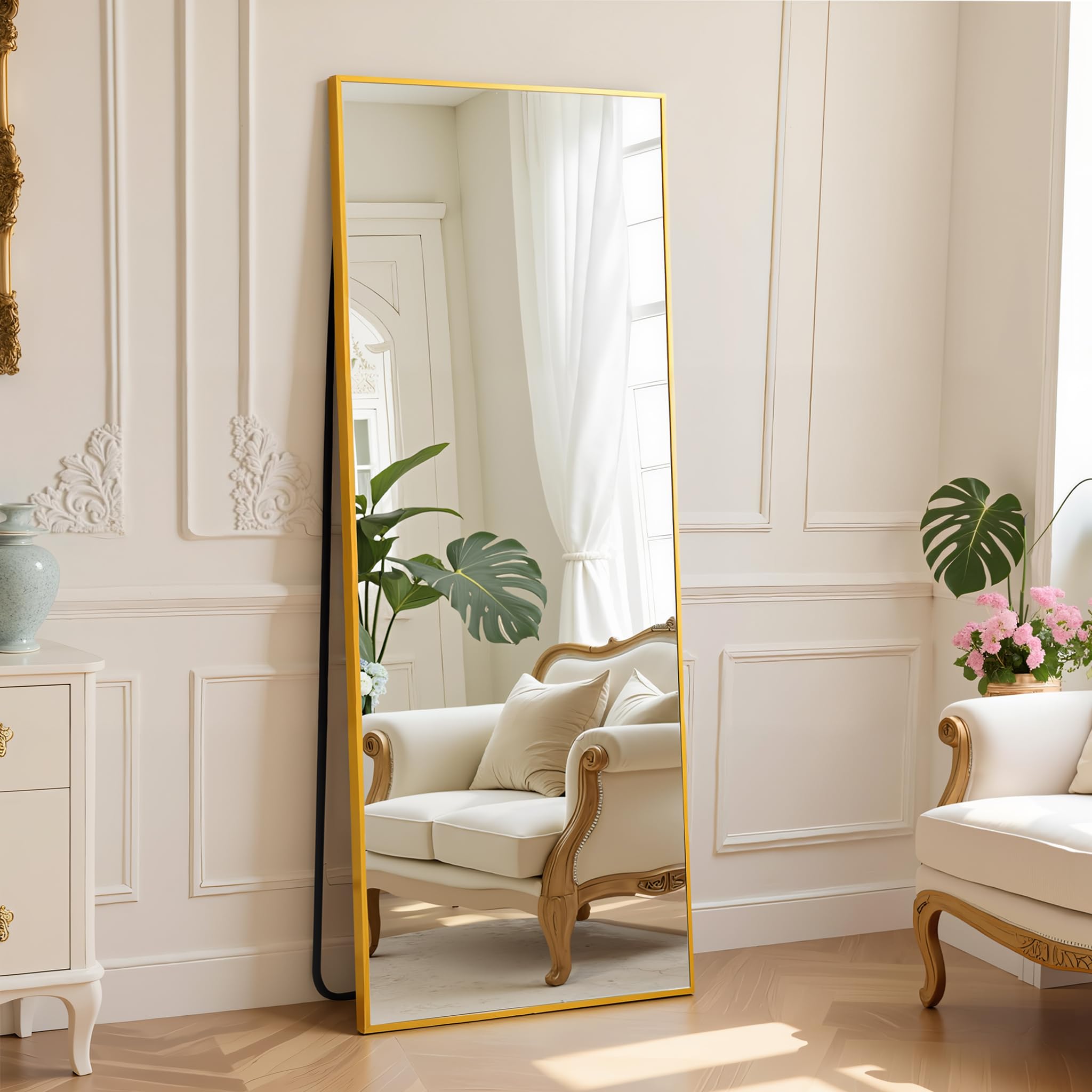 DUMOS 63.6"x20.6" Arched Full Length Mirror with Stand Floor Free Standing Aluminum Frame for Bedroom Body Hanging Leaning Modern Simple Home Decor Shatter-proorf Nano Glass Wall, Gold-Rounded
