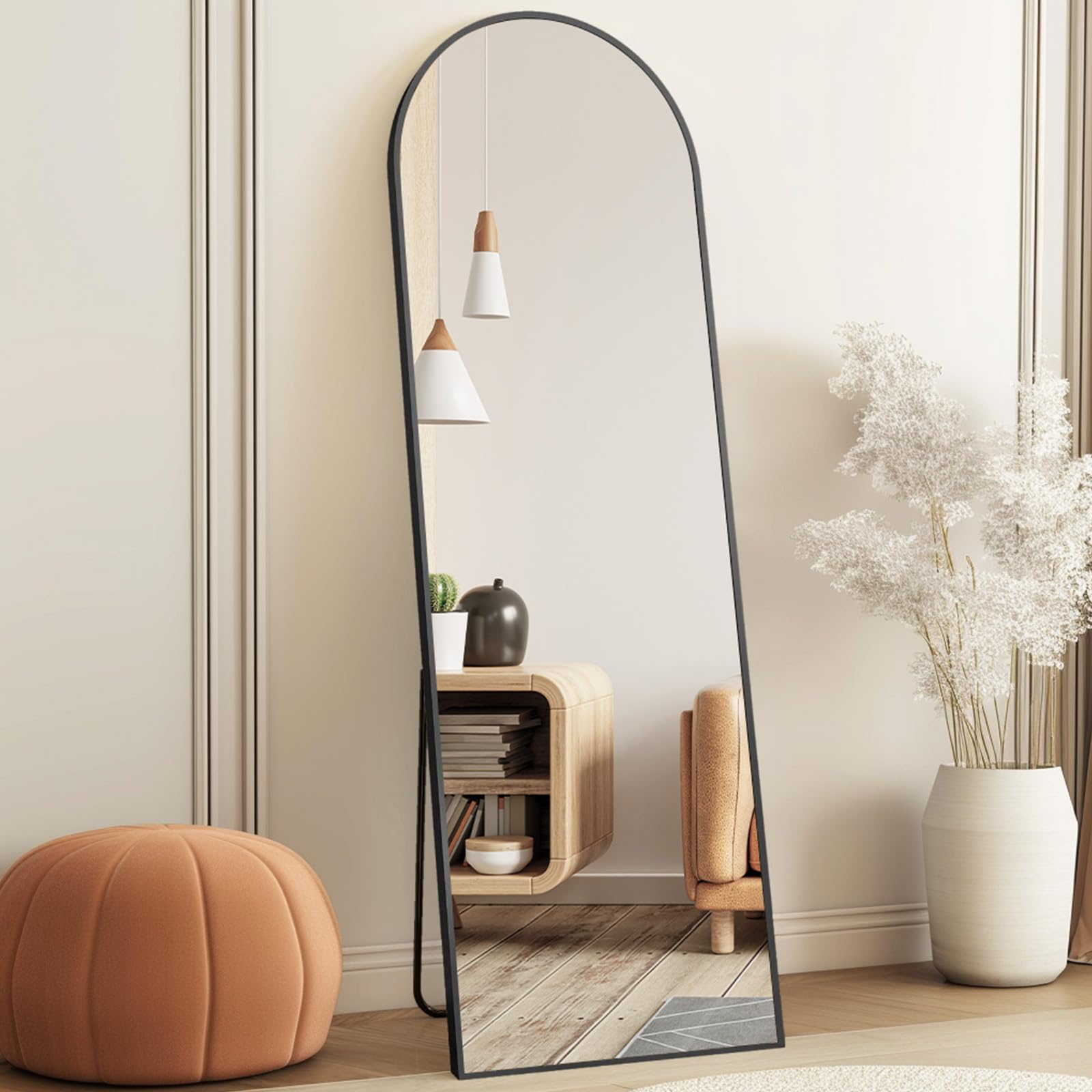 DUMOS 63.6"x20.6" Arched Full Length Mirror with Stand Floor Free Standing Aluminum Frame for Bedroom Body Hanging Leaning Modern Simple Home Decor Shatter-proorf Nano Glass Wall, Gold-Rounded