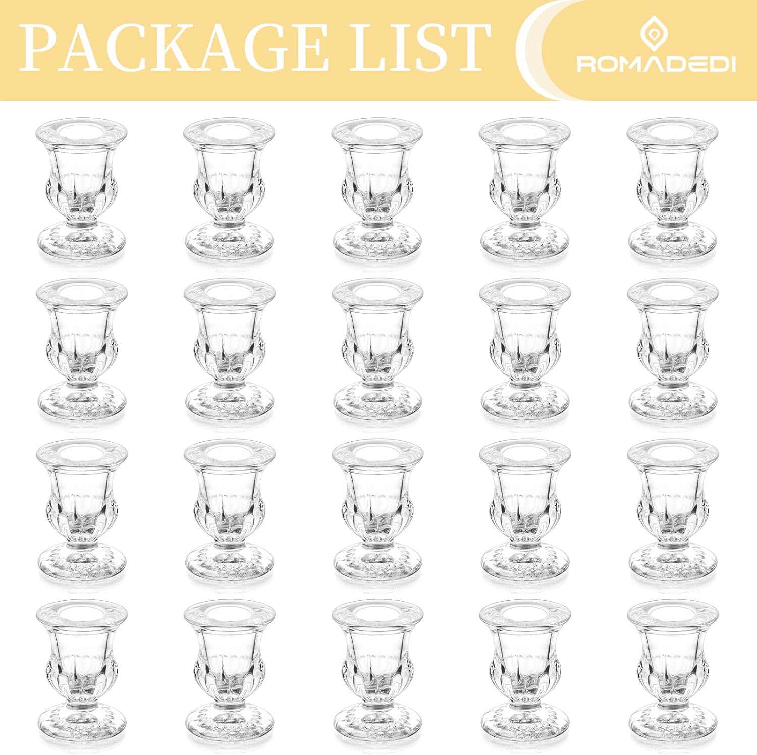 20 Pcs Glass Taper Candle Holders - Romadedi Clear Small Candlestick Holder Bulk, Thicker Glass Candle Sticks Set for Wedding Christmas Party Dining Table Table Centerpiece Decor