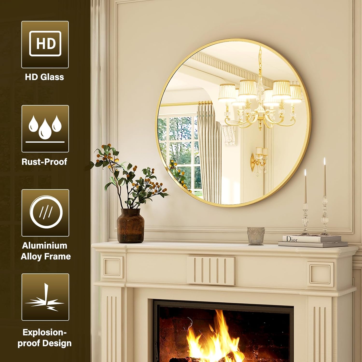 30 Inch Round Mirror - Circle Mirrors for Bathroom, Entryway and Living Room Wall Decor, Modern Hanging Vanity Mirror, Matte Gold Circle Decorative Wall Mirror