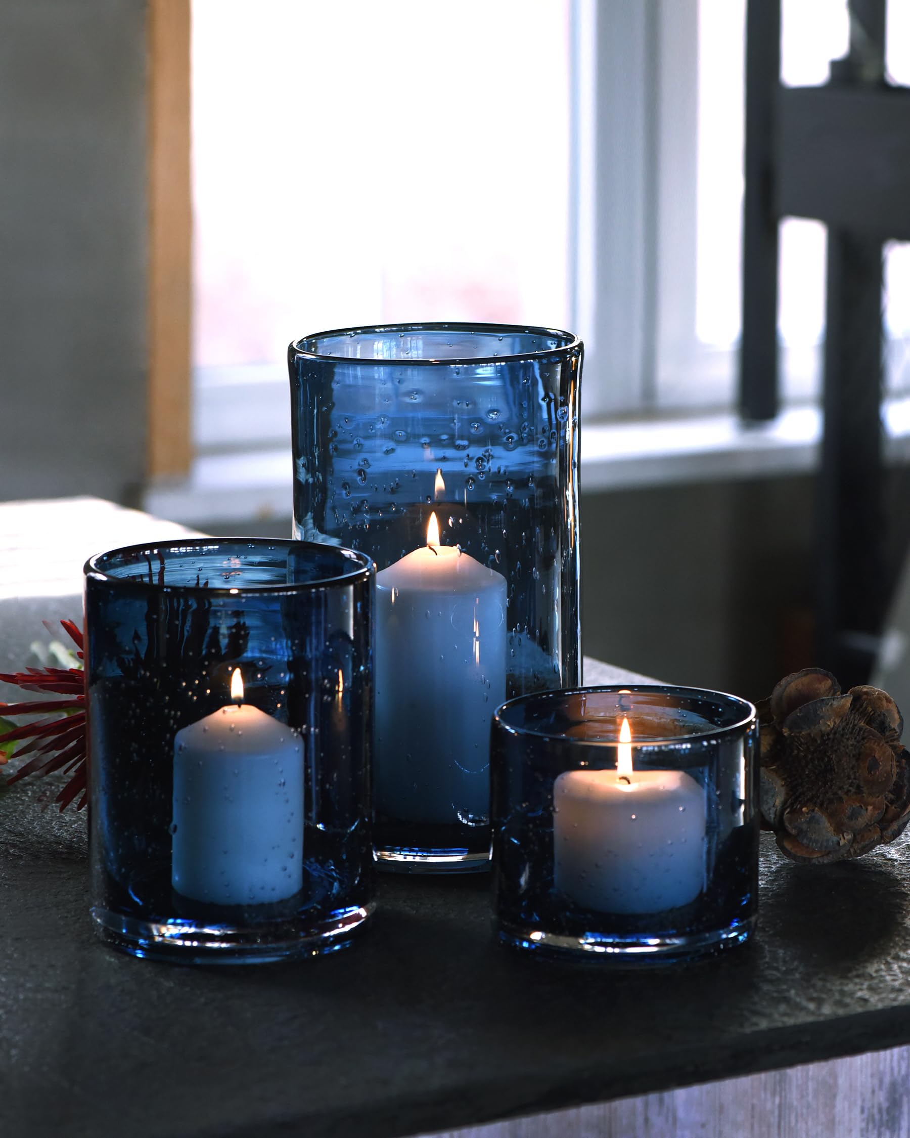 ARIAMOTION Hurricane Candle Holders for Pillar Hand Blown Glass Cylinder Vases Table Centerpiece Bulk Room Decor Clear Seeded Bubbles Living Dining Kitchen Island 10" 7" 4" Set of 3