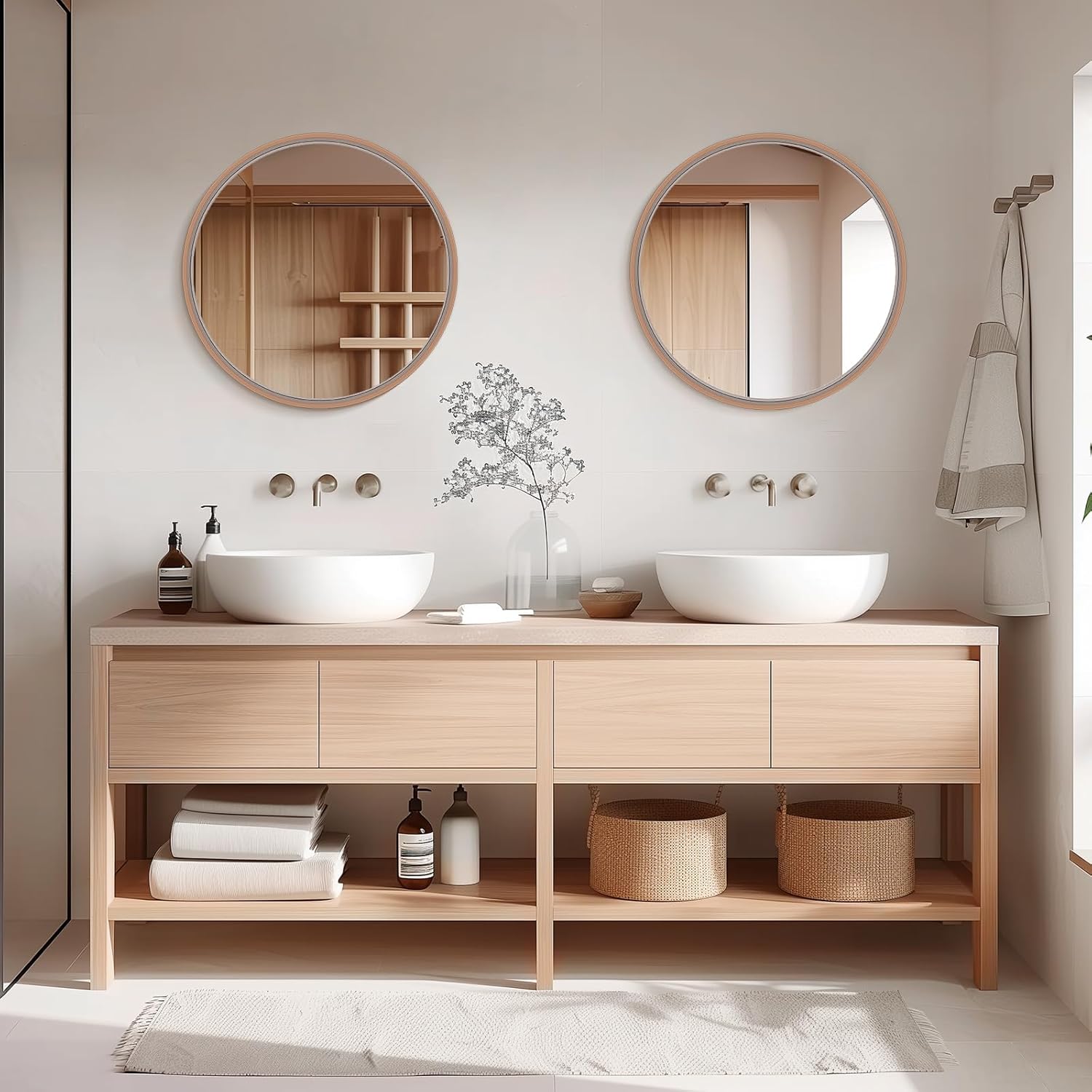 WallBeyond Wood Round Mirror with Wood Frame 24 inch Circle Wall Mirror for Bathroom Round Wall Mirror for Wall Decor, Vanity, Entryway Living Room (Walnut)