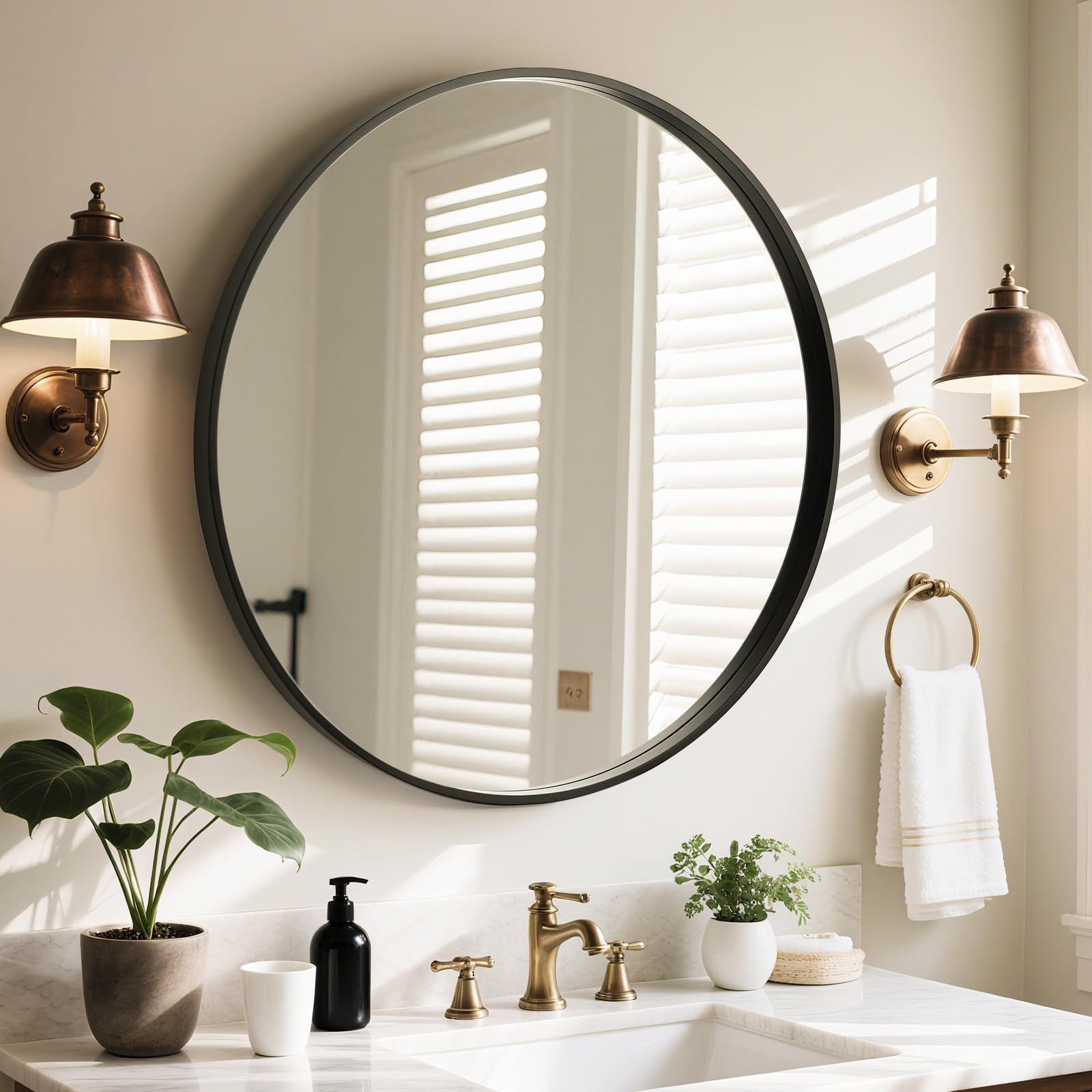 WallBeyond Wood Round Mirror with Wood Frame 24 inch Circle Wall Mirror for Bathroom Round Wall Mirror for Wall Decor, Vanity, Entryway Living Room (Walnut)