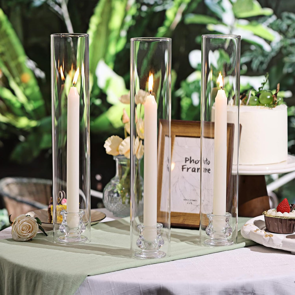 Volens Hurricane Glass Candle Holders - Set of 6 Candlestick Holders for Taper Candles with Windproof Cylinder Covers 14" Tall Clear Glass Chimney Cover for Wedding Table Centerpiece Home Decor