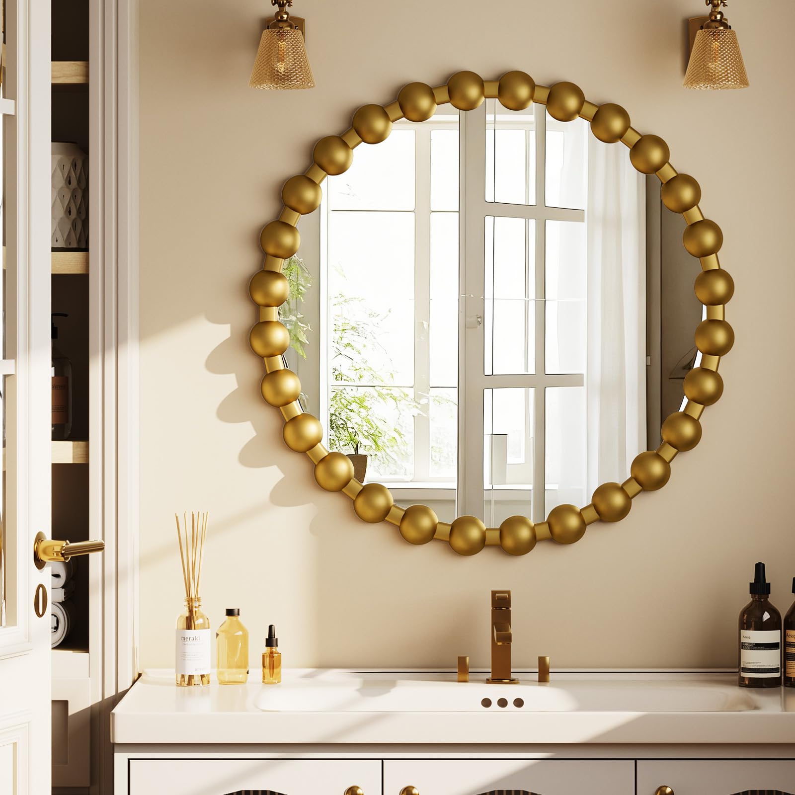 Round Mirror for Wall, 24 Inch Black Beaded Frame Decorative Vanity Mirror, Circle Bathroom Mirror with High-Definition Lense, Modern Wall Decor for Bathroom, Living Room, Bedroom, Entryway