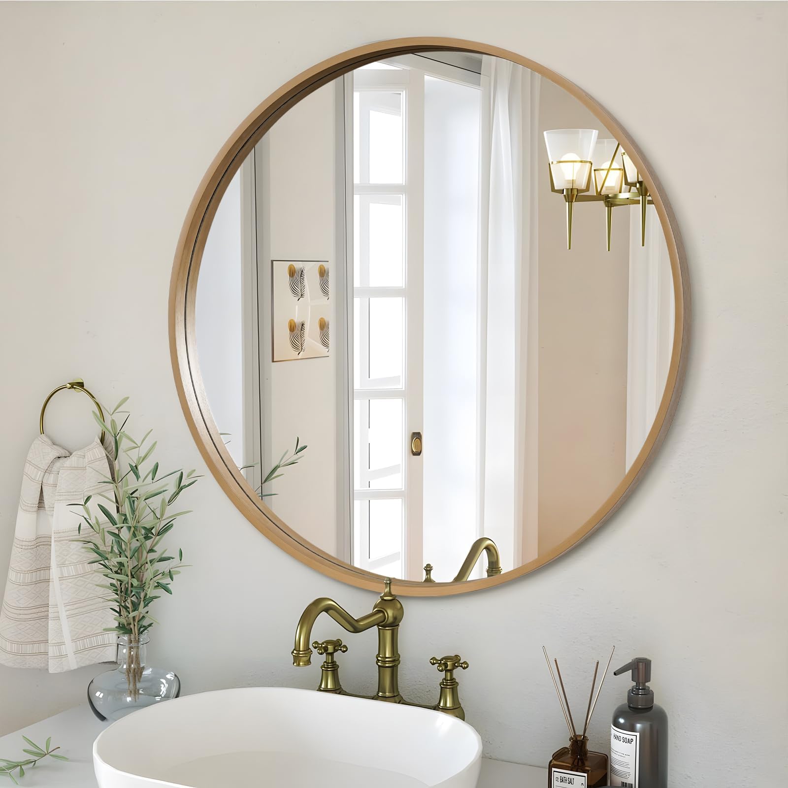 WallBeyond Wood Round Mirror with Wood Frame 24 inch Circle Wall Mirror for Bathroom Round Wall Mirror for Wall Decor, Vanity, Entryway Living Room (Walnut)