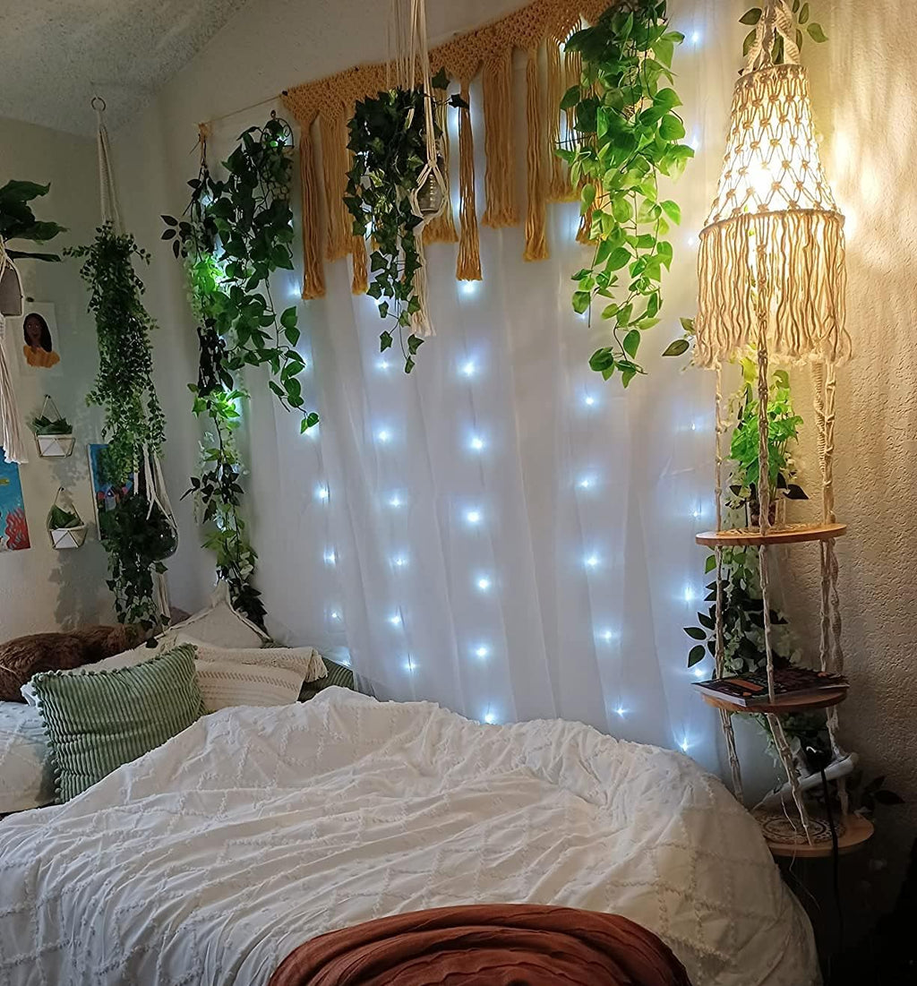 Boho Plug in Pendant Light,Hanging Light with Plug in Cord,Hanging Lamp Macrame Lamp Shade,Dimmable Switch,3 Tier Hanging Plant Shelf Shelves Bohemian Decor for Bedroom Living Room Corner