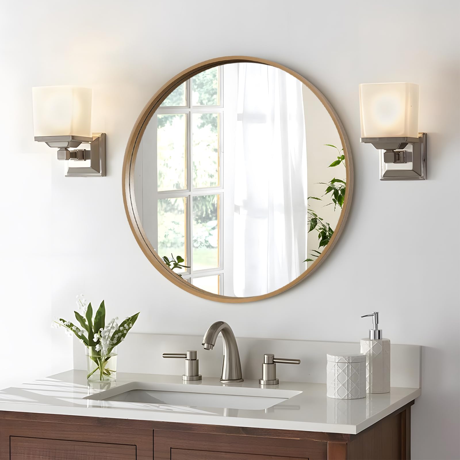 WallBeyond Wood Round Mirror with Wood Frame 24 inch Circle Wall Mirror for Bathroom Round Wall Mirror for Wall Decor, Vanity, Entryway Living Room (Walnut)