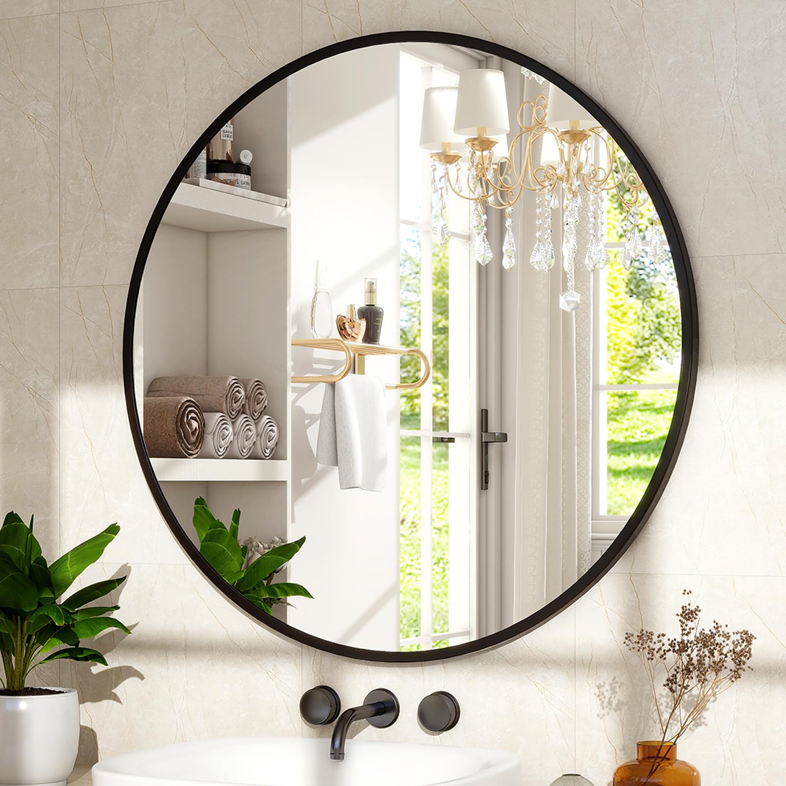 30 Inch Round Mirror - Circle Mirrors for Bathroom, Entryway and Living Room Wall Decor, Modern Hanging Vanity Mirror, Matte Gold Circle Decorative Wall Mirror