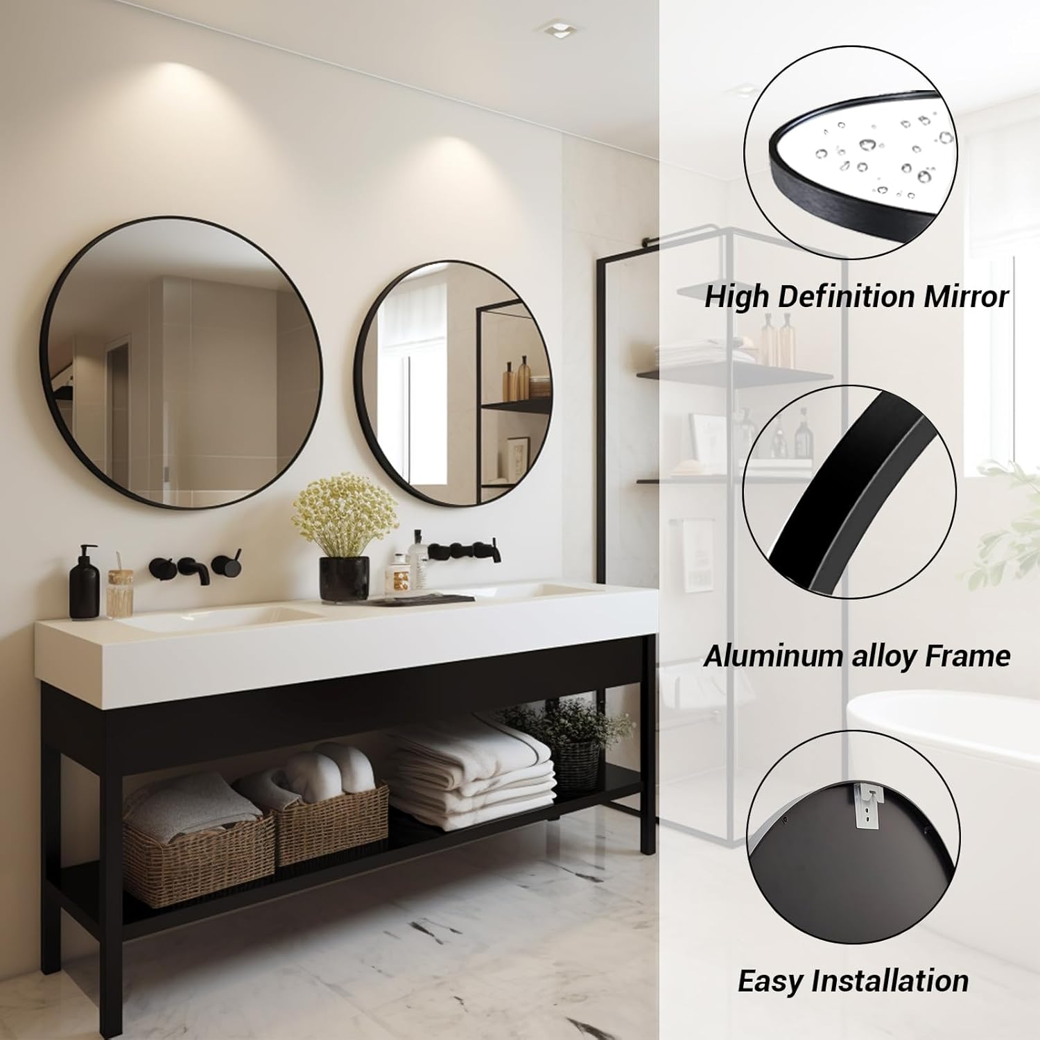 Black Round Mirror, Round Mirror 24 inch, Black Circle Mirrors Metal Frame, Wall Mounted Mirrors for Living Room, Bathroom, Wall, Entryway.