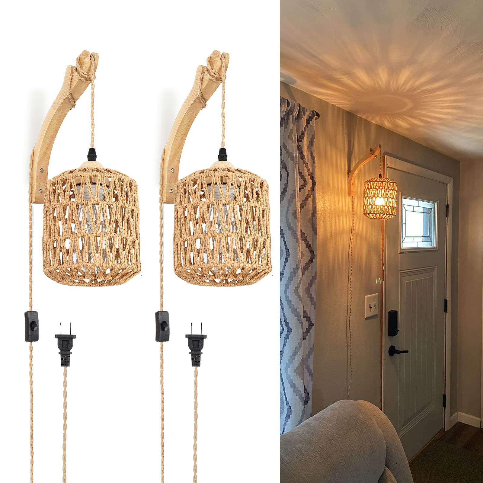 Frideko Bamboo Lantern Plug in Wall Sconces Wicker Wall Lamp with Plug in Cord Hand Woven Rattan Wall Light Farmhouse Rustic Wall Sconces Boho Sconces Wall Lighting for Living Room Bedroom