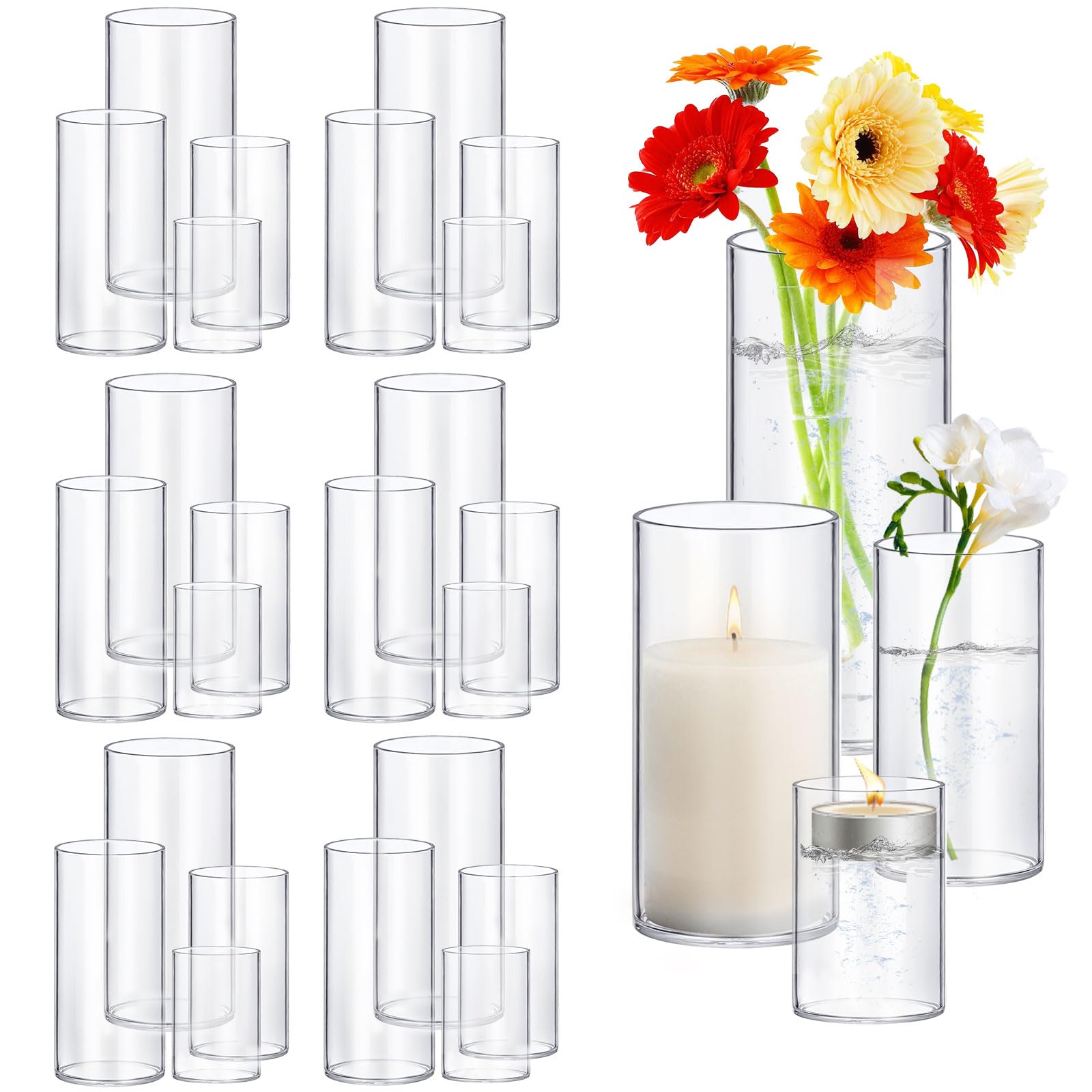 16 Pack Glass Cylinder Vases 4,6,8,10 Inch Tall Clear Flower Vase Hurricane Floating Candle Holder for Table Centerpiece Wedding Home Decor