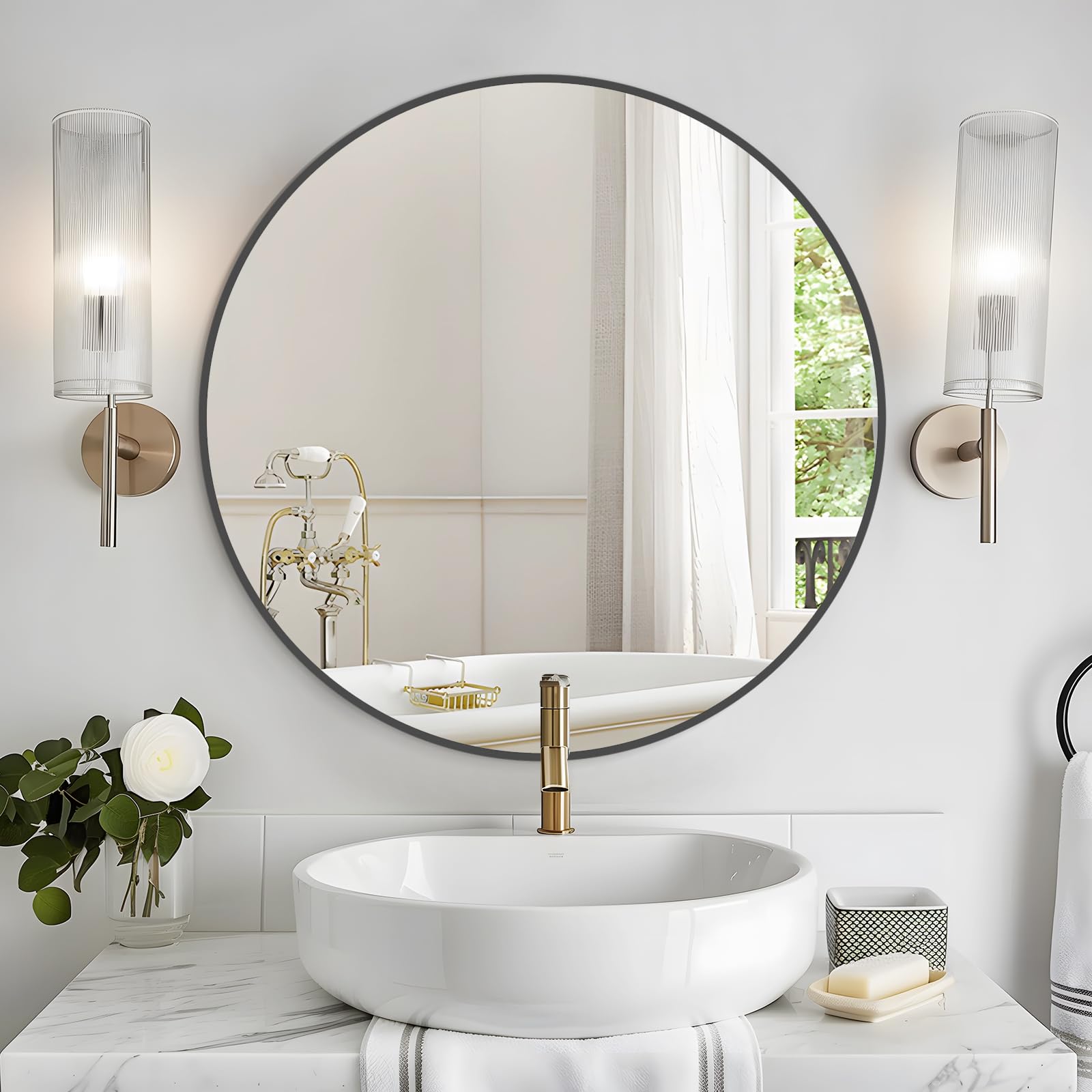 WallBeyond Wood Round Mirror with Wood Frame 24 inch Circle Wall Mirror for Bathroom Round Wall Mirror for Wall Decor, Vanity, Entryway Living Room (Walnut)