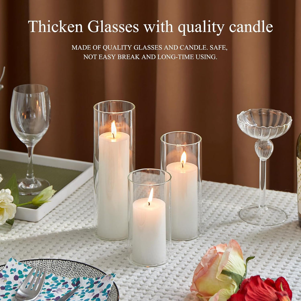 Set of 6 White Pillar Candles with Clear Glass Hurricane Holders- Elegant Cylinder Candle Vases for Weddings, Parties, Centerpieces, Home & Office Decor (White, 6 Set)