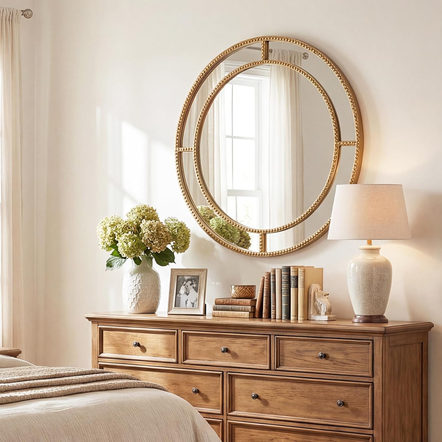 Tangkula 28" Gold Round Wall Mirror, Circle Decorative Modern with Beaded Frame for Living Room, Entryway, Fireplace, Bedroom, Vintage Mirror Wall Decoration