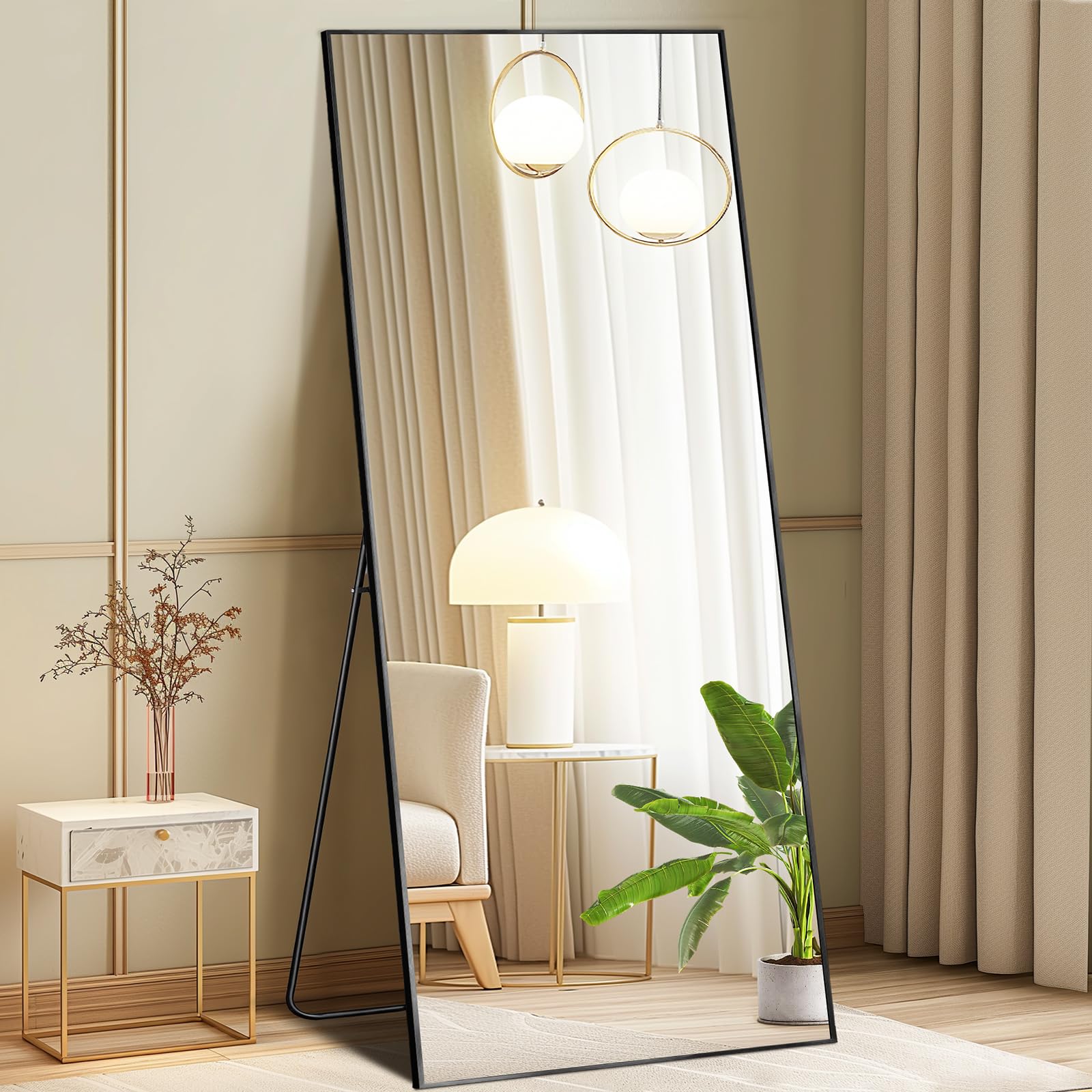 DUMOS 63.6"x20.6" Arched Full Length Mirror with Stand Floor Free Standing Aluminum Frame for Bedroom Body Hanging Leaning Modern Simple Home Decor Shatter-proorf Nano Glass Wall, Gold-Rounded