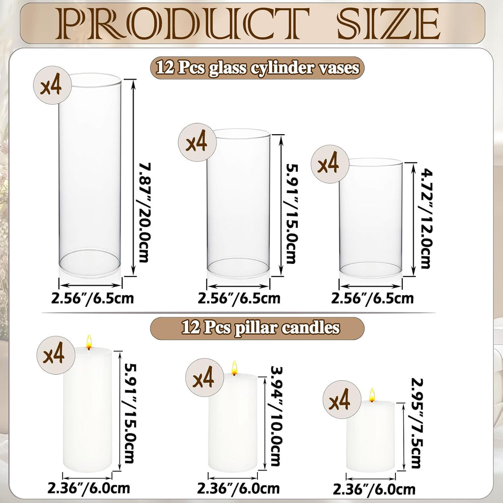24 Pcs White Pillar Candles and Glass Cylinder Vases Clear Glass Pillar Candle Holders Hurricane Glass Candle Holders for Table Centerpieces Wedding, Party, Event, Home Office