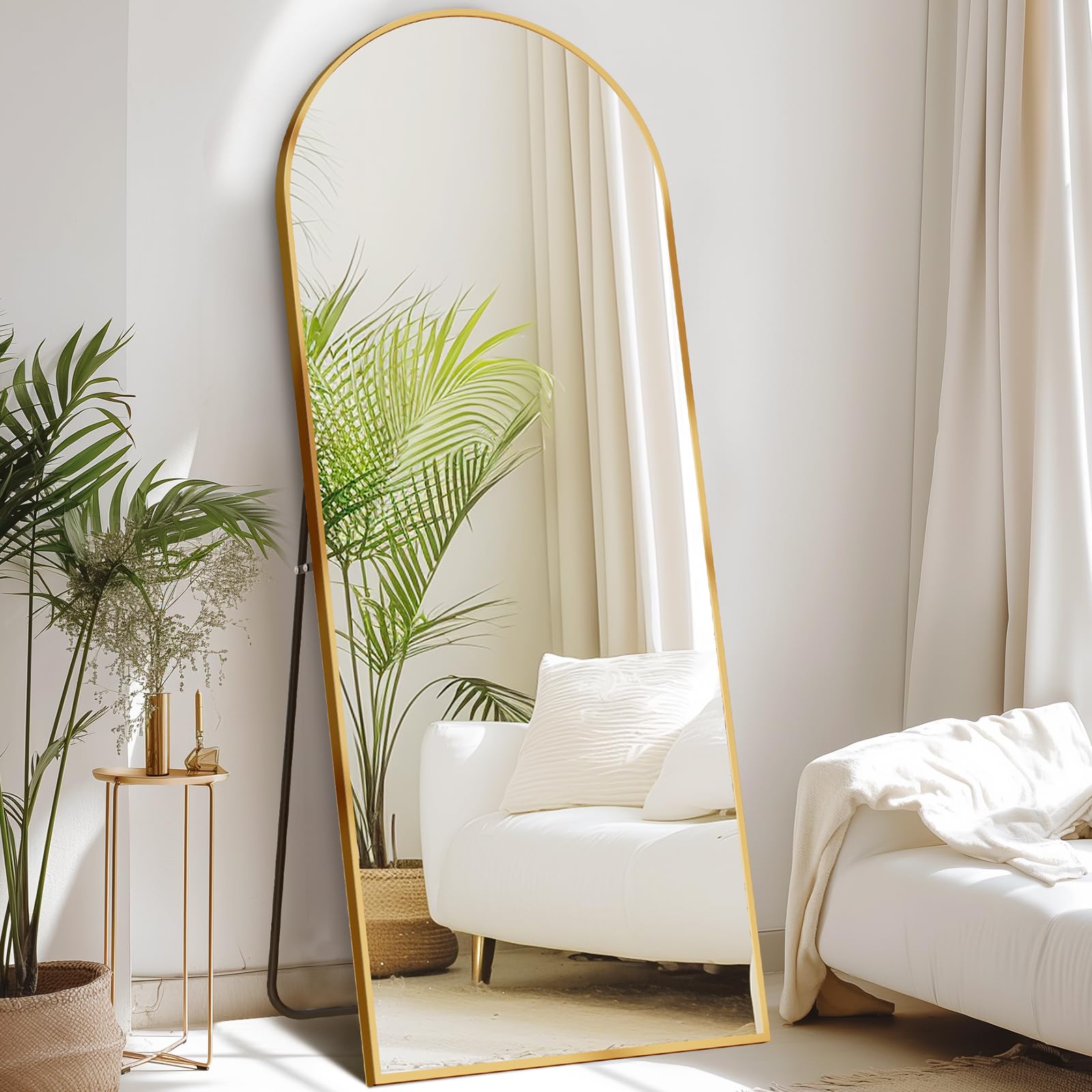DUMOS 63.6"x20.6" Arched Full Length Mirror with Stand Floor Free Standing Aluminum Frame for Bedroom Body Hanging Leaning Modern Simple Home Decor Shatter-proorf Nano Glass Wall, Gold-Rounded