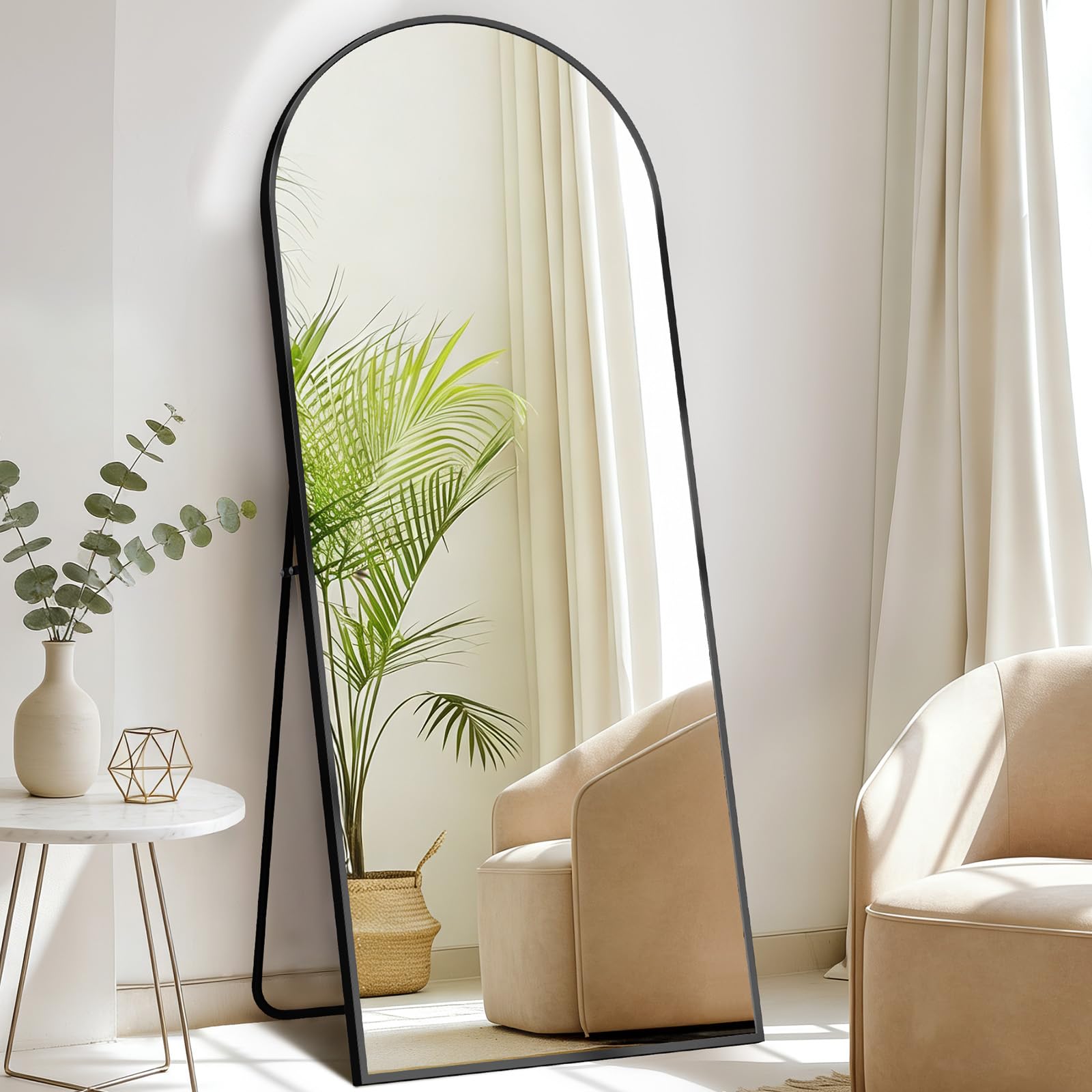 DUMOS 63.6"x20.6" Arched Full Length Mirror with Stand Floor Free Standing Aluminum Frame for Bedroom Body Hanging Leaning Modern Simple Home Decor Shatter-proorf Nano Glass Wall, Gold-Rounded