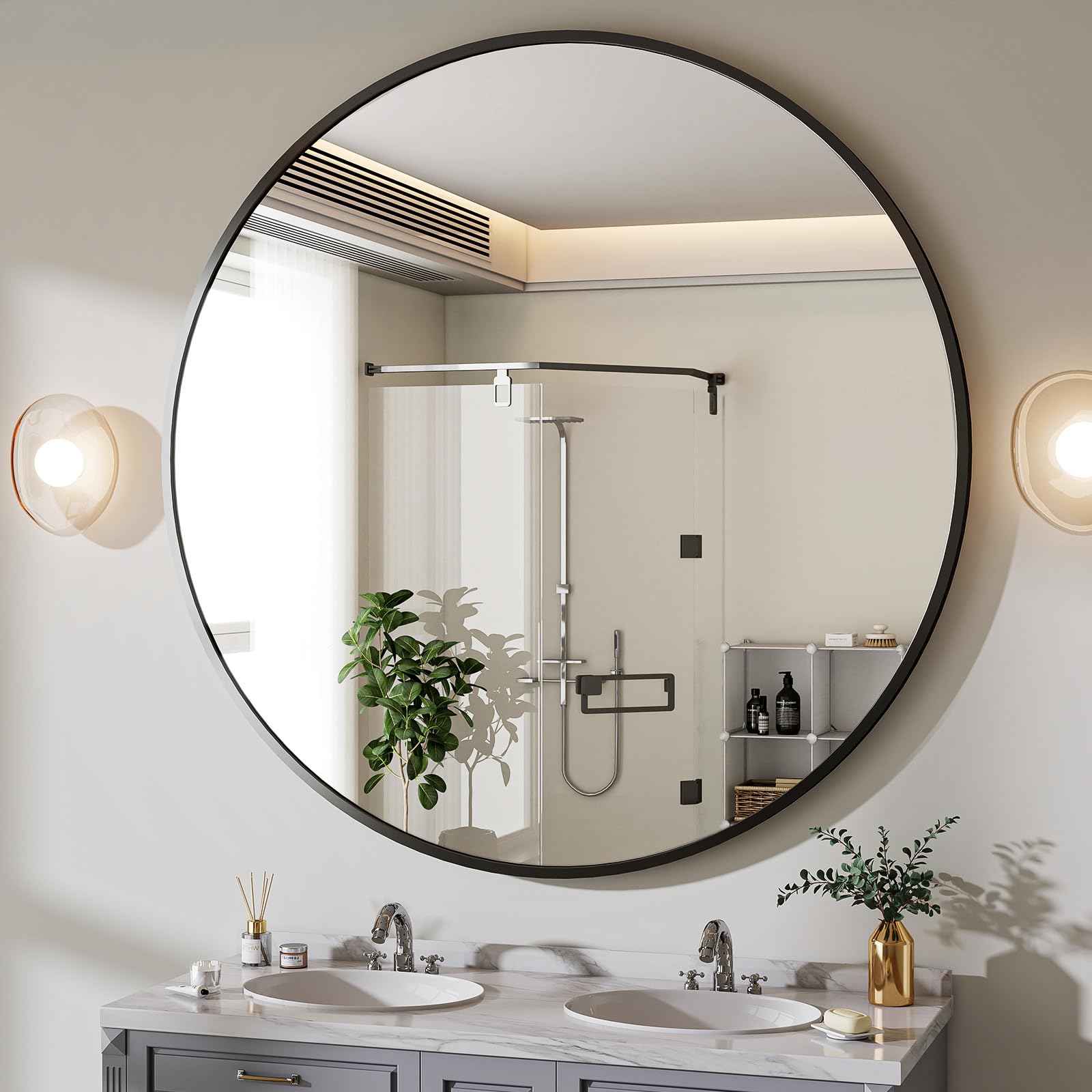 BEAUTYPEAK 24 Inch Round Mirror, Metal Frame Circle Mirror, Wall Mounted for Entryway, Bathroom, Vanity, Living Room, Gold