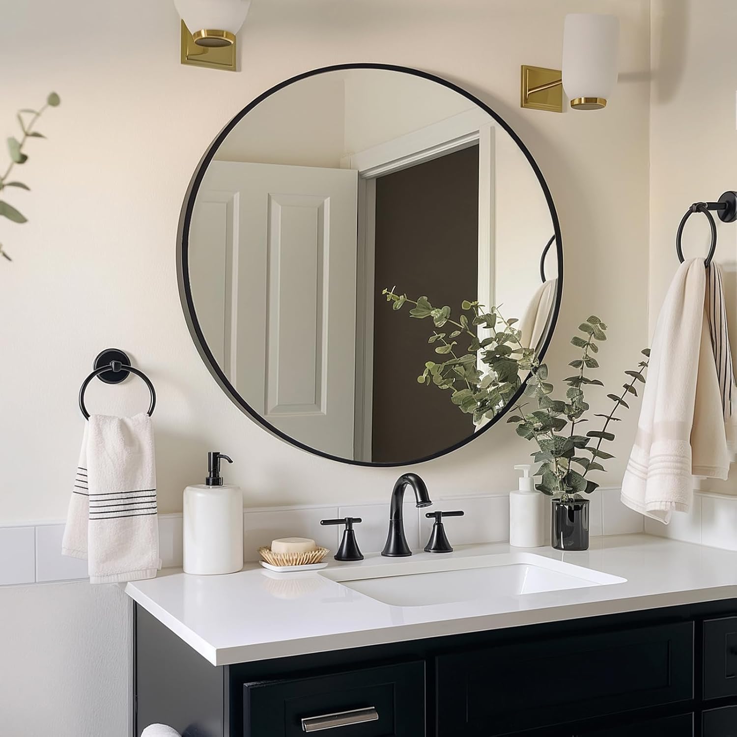 Black Round Mirror, Round Mirror 24 inch, Black Circle Mirrors Metal Frame, Wall Mounted Mirrors for Living Room, Bathroom, Wall, Entryway.