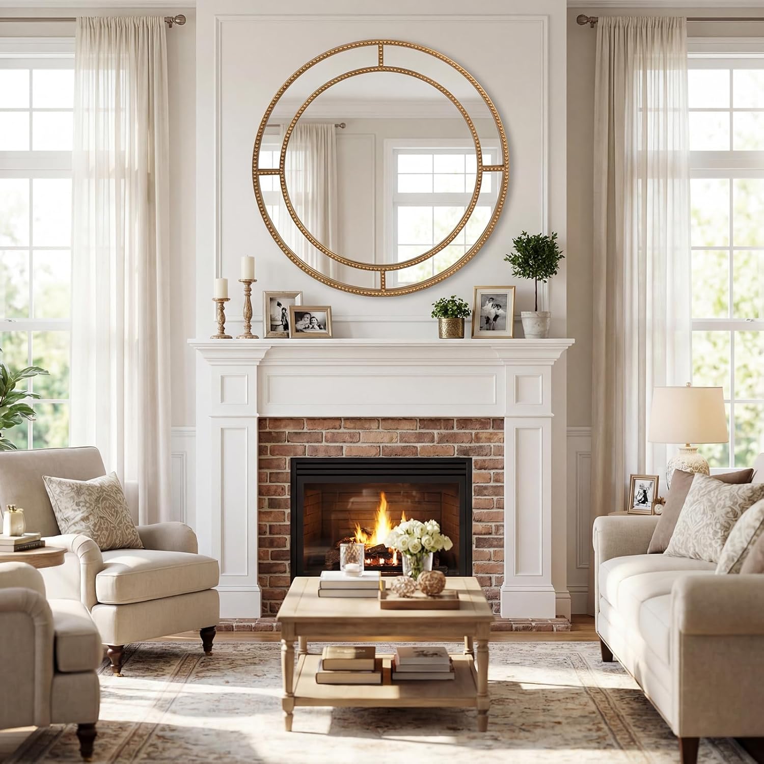 Tangkula 28" Gold Round Wall Mirror, Circle Decorative Modern with Beaded Frame for Living Room, Entryway, Fireplace, Bedroom, Vintage Mirror Wall Decoration