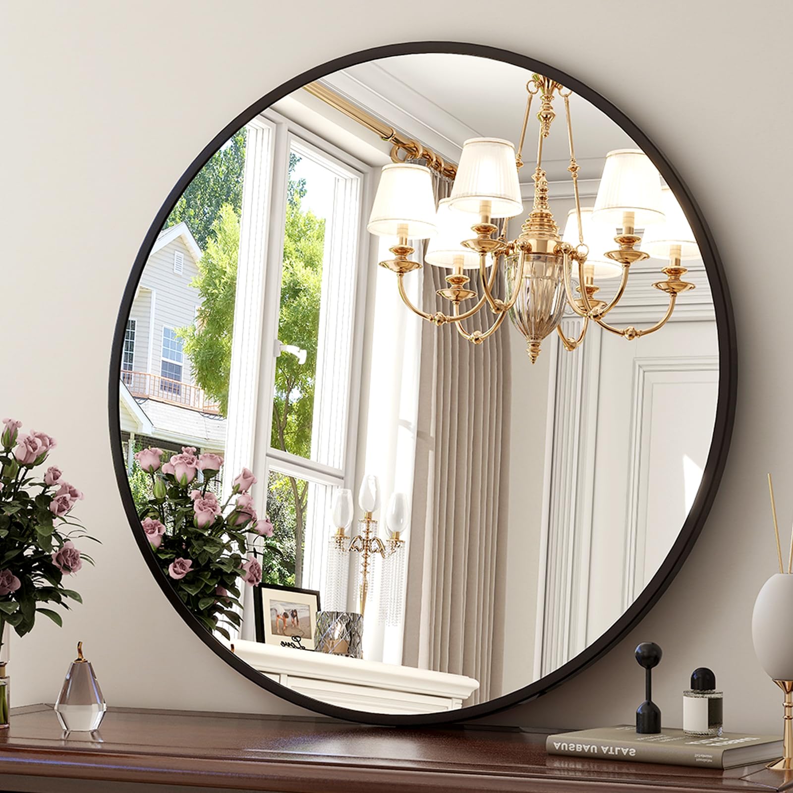 30 Inch Round Mirror - Circle Mirrors for Bathroom, Entryway and Living Room Wall Decor, Modern Hanging Vanity Mirror, Matte Gold Circle Decorative Wall Mirror