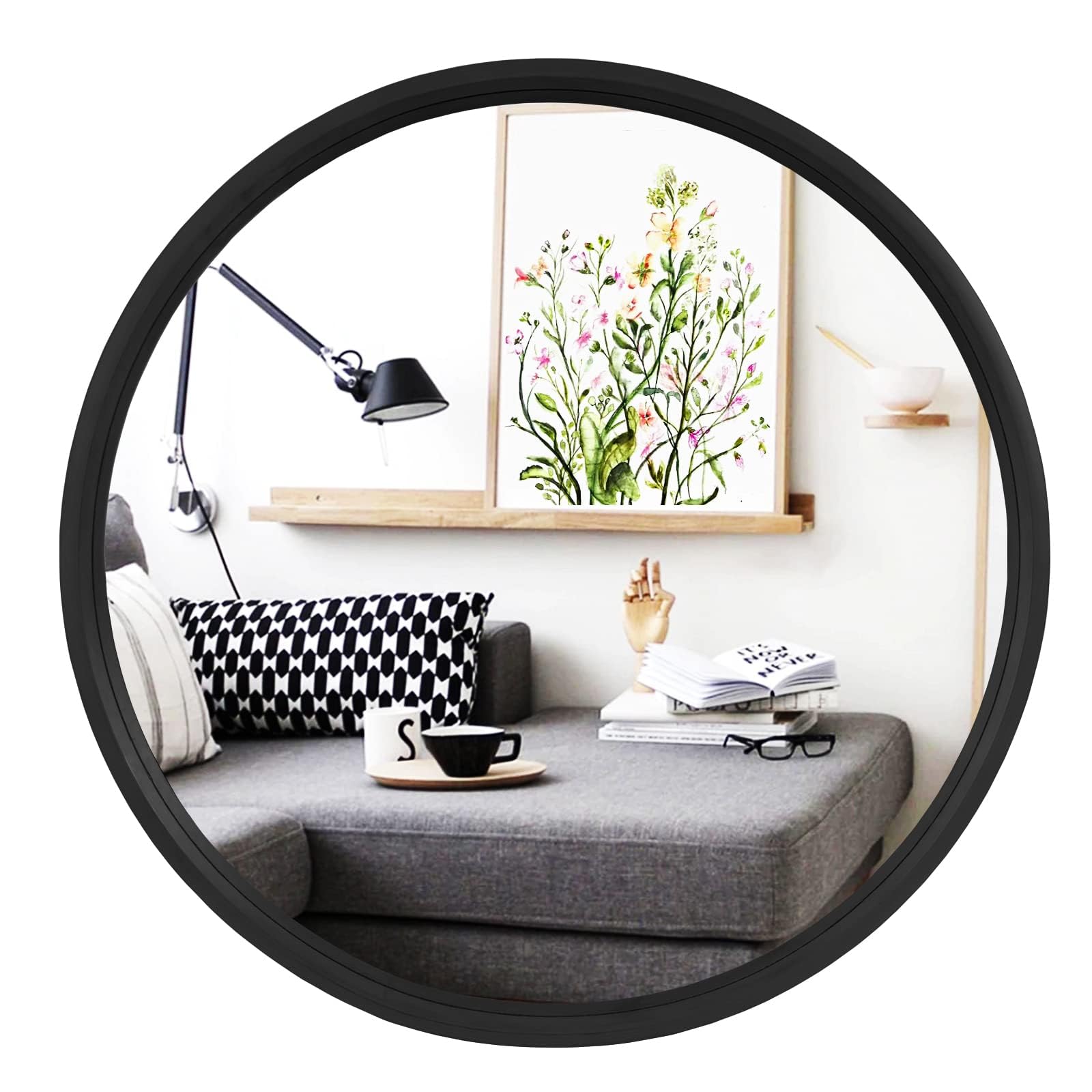 WallBeyond Wood Round Mirror with Wood Frame 24 inch Circle Wall Mirror for Bathroom Round Wall Mirror for Wall Decor, Vanity, Entryway Living Room (Walnut)