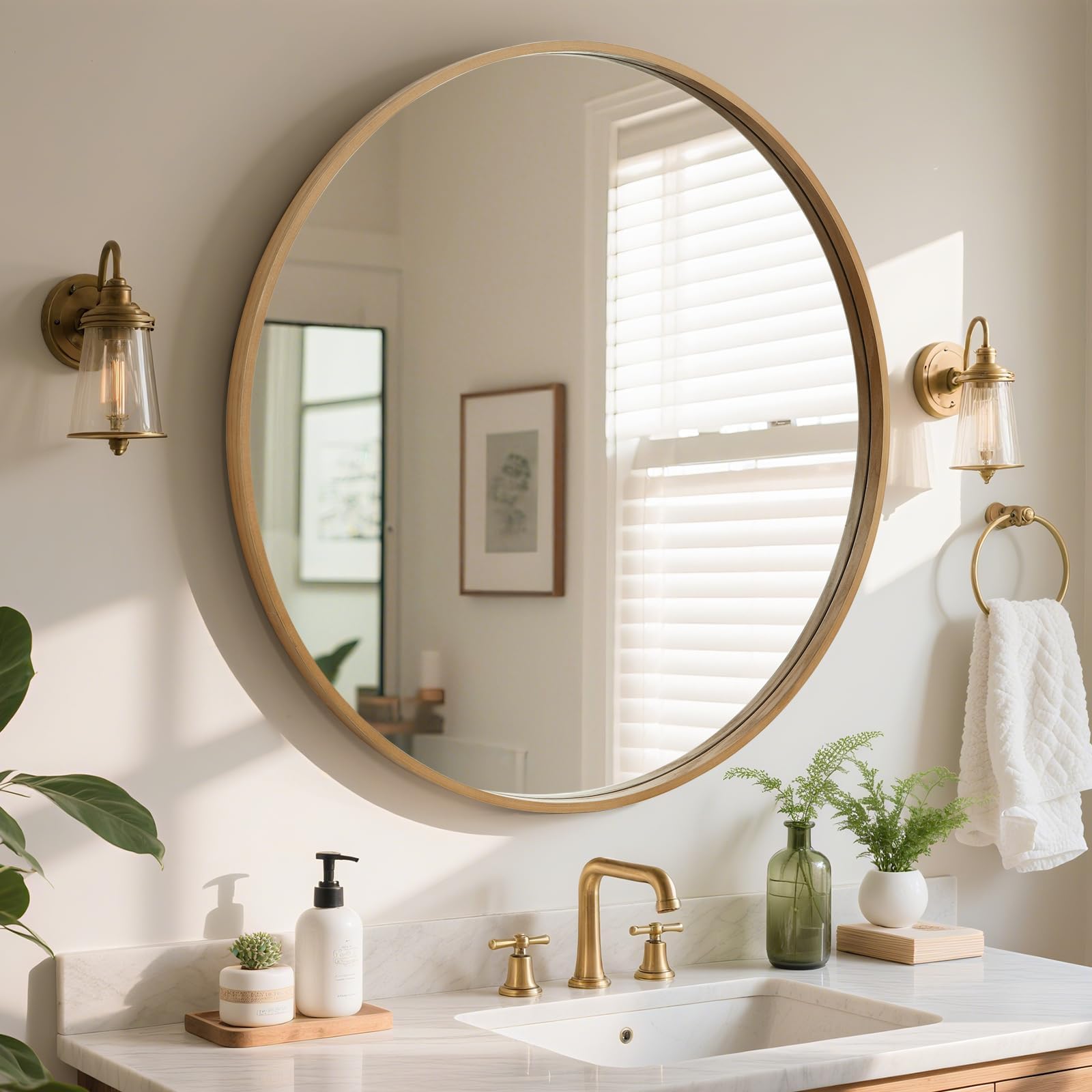 WallBeyond Wood Round Mirror with Wood Frame 24 inch Circle Wall Mirror for Bathroom Round Wall Mirror for Wall Decor, Vanity, Entryway Living Room (Walnut)