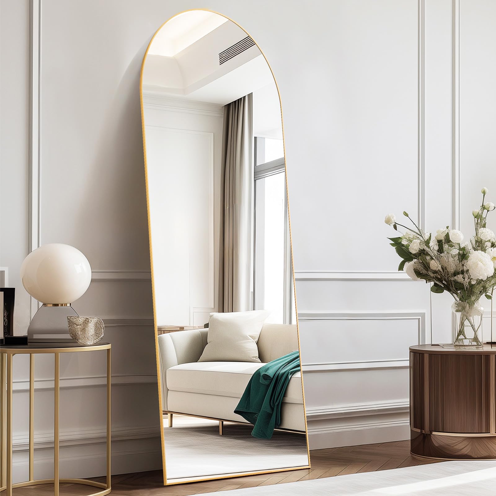 DUMOS 63.6"x20.6" Arched Full Length Mirror with Stand Floor Free Standing Aluminum Frame for Bedroom Body Hanging Leaning Modern Simple Home Decor Shatter-proorf Nano Glass Wall, Gold-Rounded