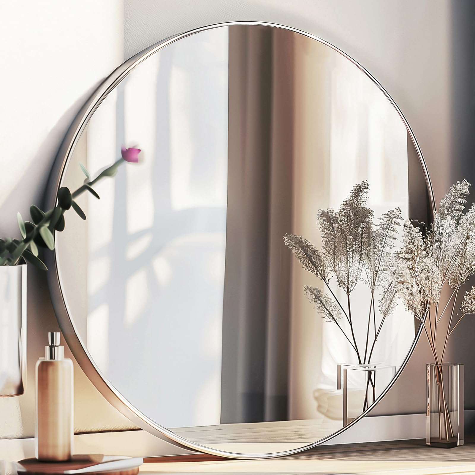 Black Round Mirror, Round Mirror 24 inch, Black Circle Mirrors Metal Frame, Wall Mounted Mirrors for Living Room, Bathroom, Wall, Entryway.