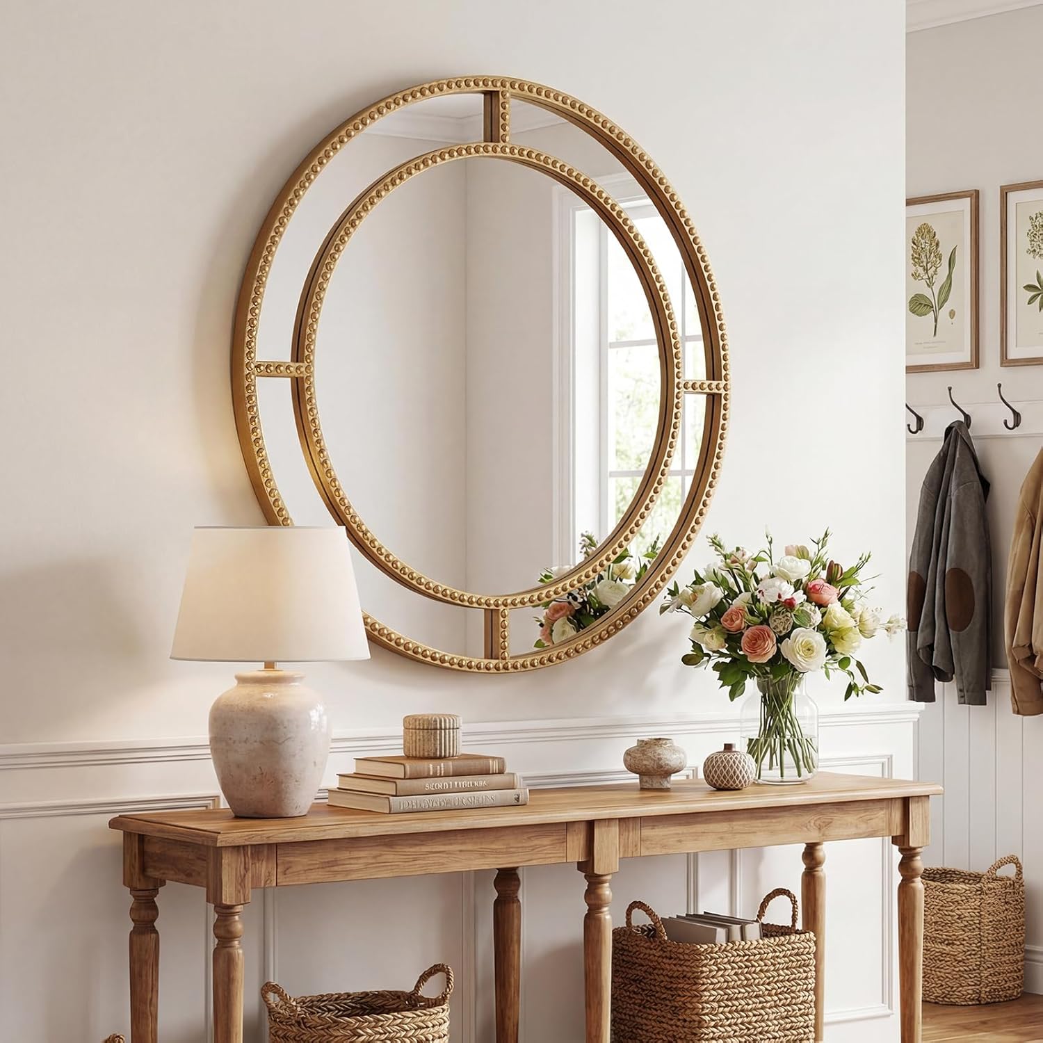 Tangkula 28" Gold Round Wall Mirror, Circle Decorative Modern with Beaded Frame for Living Room, Entryway, Fireplace, Bedroom, Vintage Mirror Wall Decoration