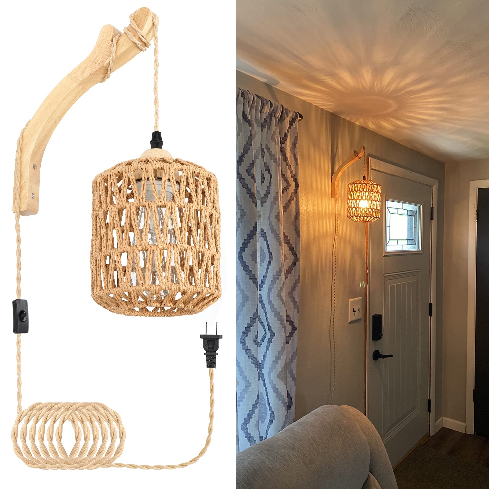 Frideko Bamboo Lantern Plug in Wall Sconces Wicker Wall Lamp with Plug in Cord Hand Woven Rattan Wall Light Farmhouse Rustic Wall Sconces Boho Sconces Wall Lighting for Living Room Bedroom