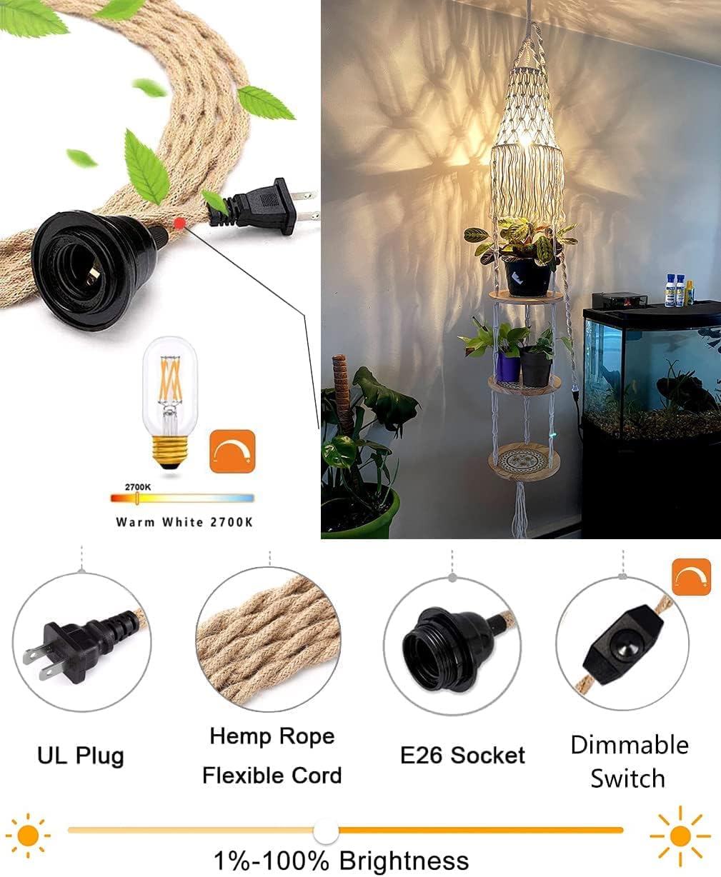 Boho Plug in Pendant Light,Hanging Light with Plug in Cord,Hanging Lamp Macrame Lamp Shade,Dimmable Switch,3 Tier Hanging Plant Shelf Shelves Bohemian Decor for Bedroom Living Room Corner