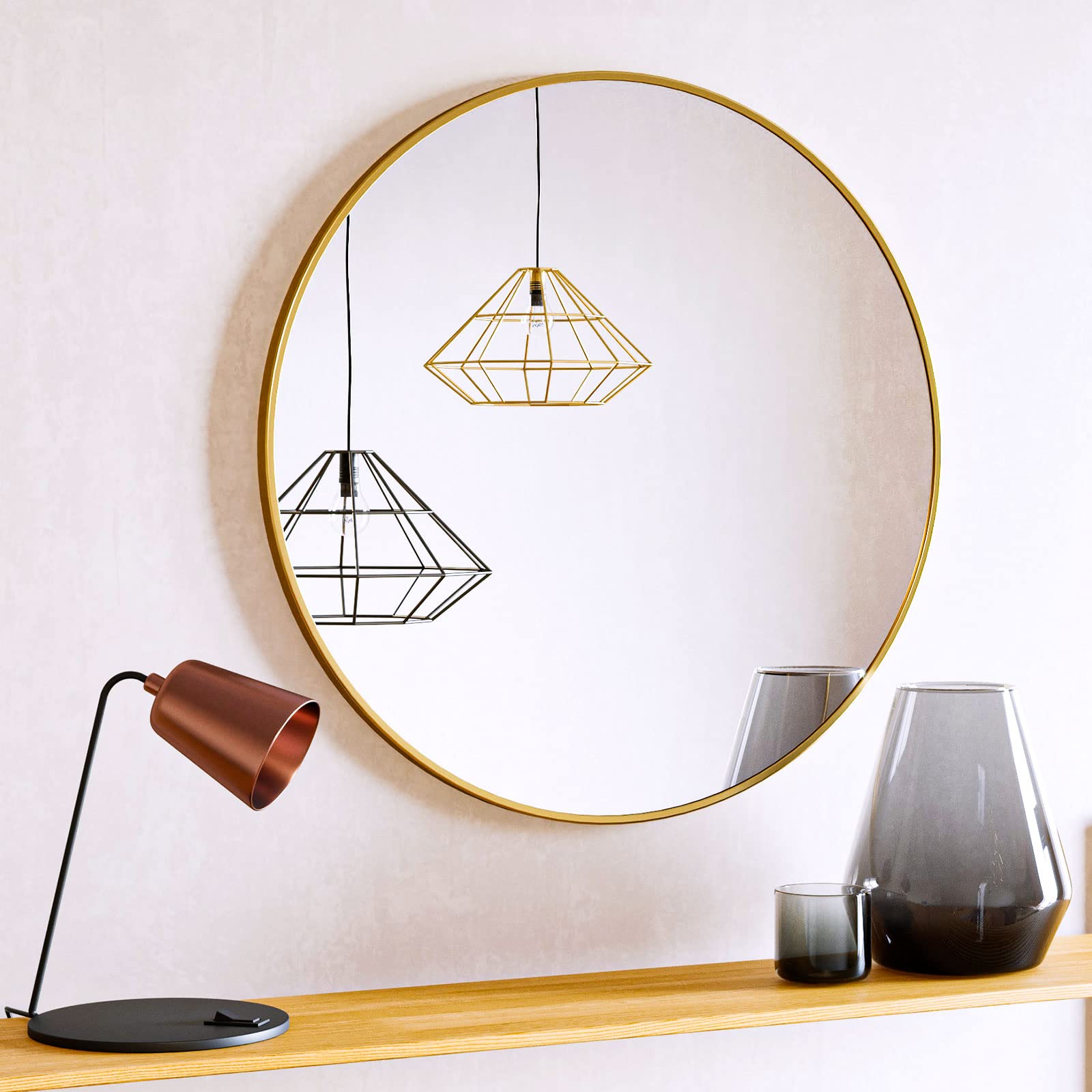 BEAUTYPEAK 24 Inch Round Mirror, Metal Frame Circle Mirror, Wall Mounted for Entryway, Bathroom, Vanity, Living Room, Gold