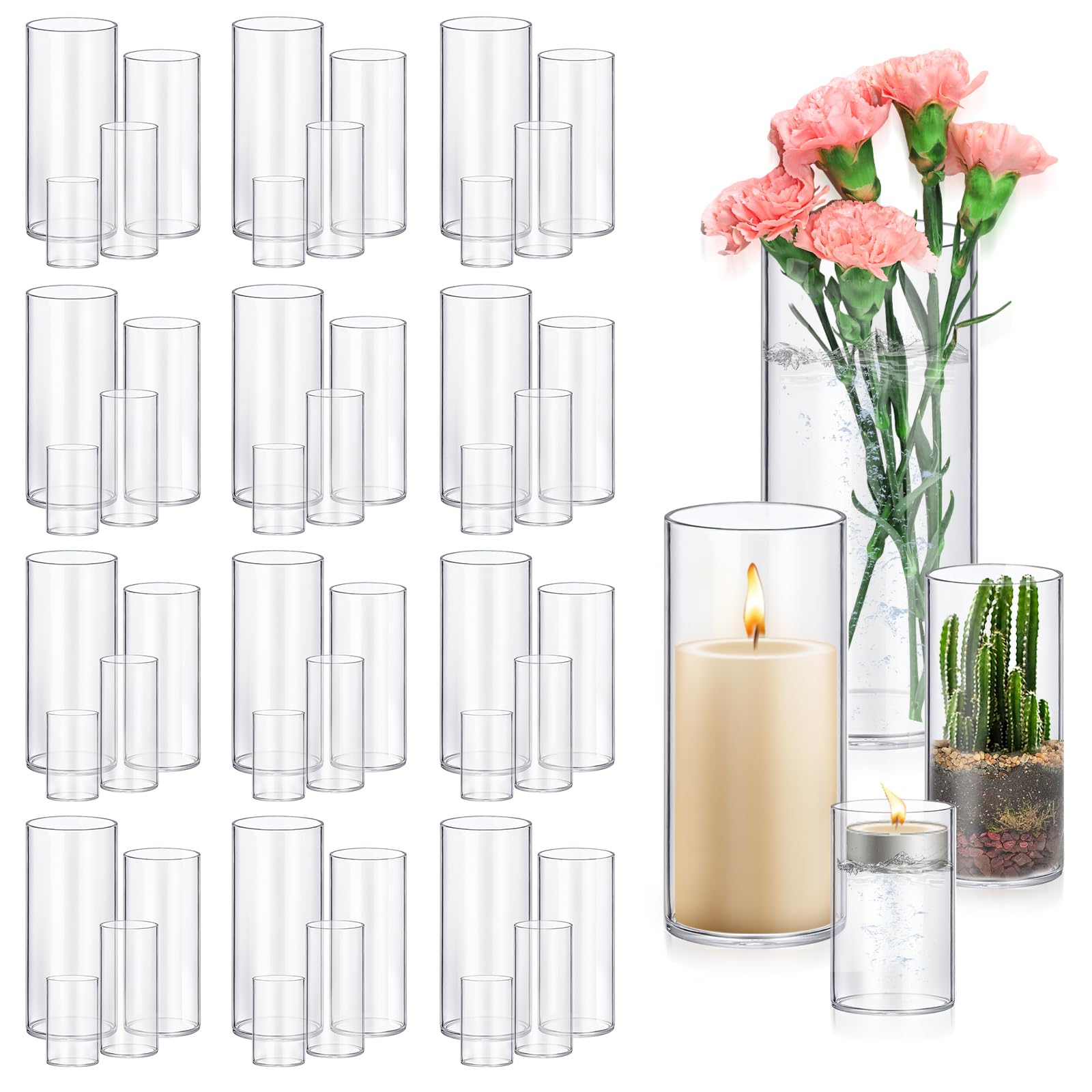 16 Pack Glass Cylinder Vases 4,6,8,10 Inch Tall Clear Flower Vase Hurricane Floating Candle Holder for Table Centerpiece Wedding Home Decor