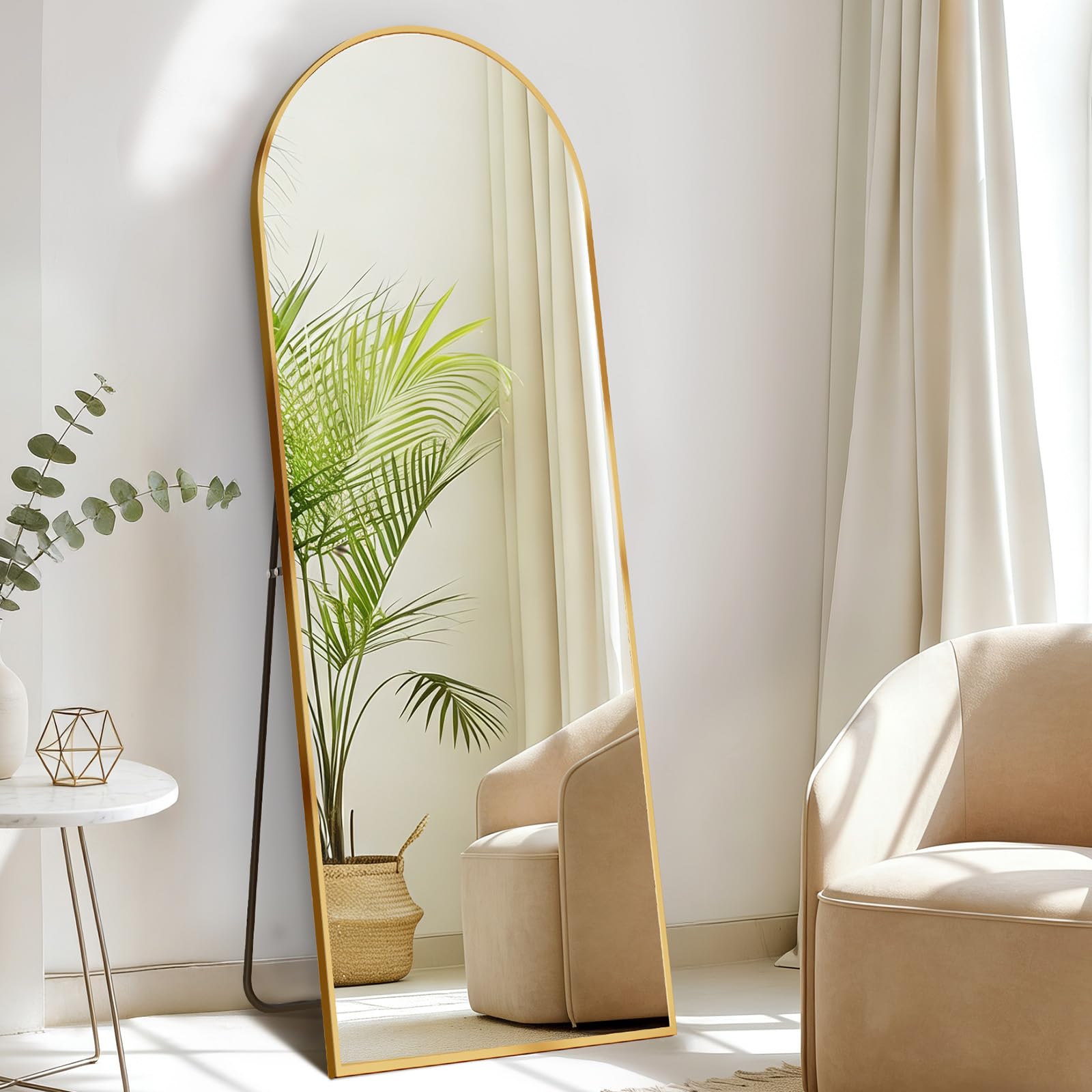 DUMOS 63.6"x20.6" Arched Full Length Mirror with Stand Floor Free Standing Aluminum Frame for Bedroom Body Hanging Leaning Modern Simple Home Decor Shatter-proorf Nano Glass Wall, Gold-Rounded