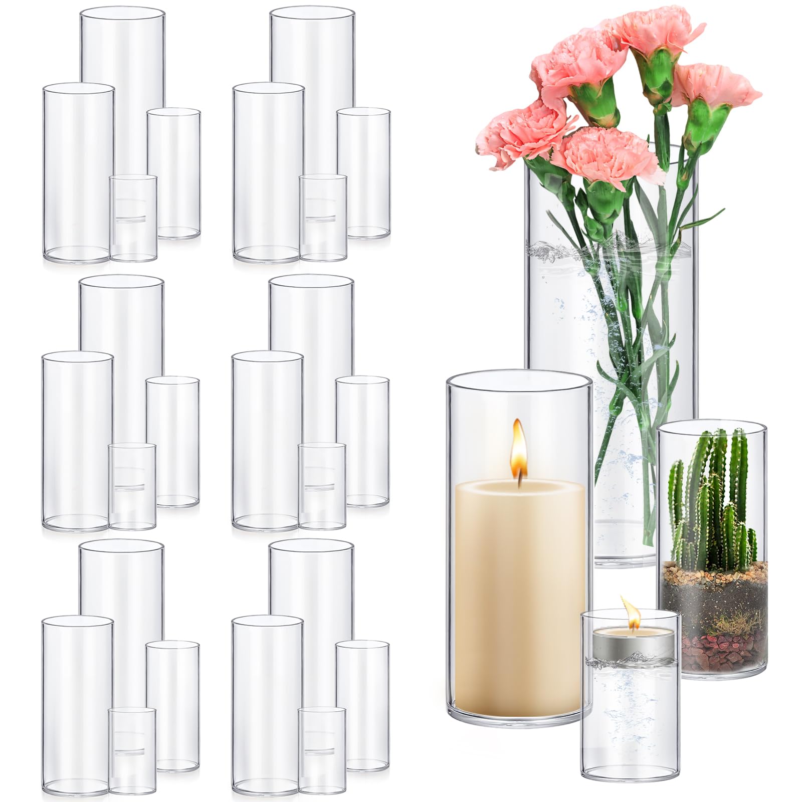 16 Pack Glass Cylinder Vases 4,6,8,10 Inch Tall Clear Flower Vase Hurricane Floating Candle Holder for Table Centerpiece Wedding Home Decor