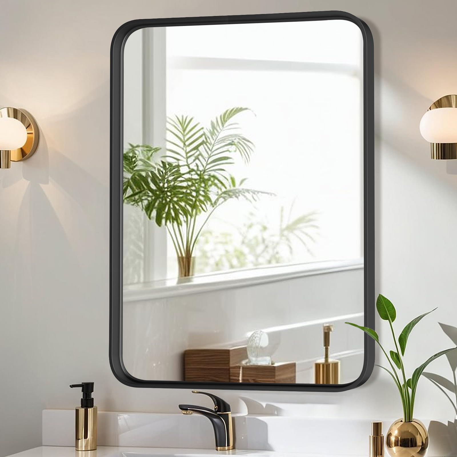 Bathroom Mirror for Wall, 24 Inch Round Mirror, Matte Black Metal Framed Circle Vanity Mirror for Bathroom Bedroom Living Room Entryway, Anti-Rust, Tempered Glass, Hanging or Leaning