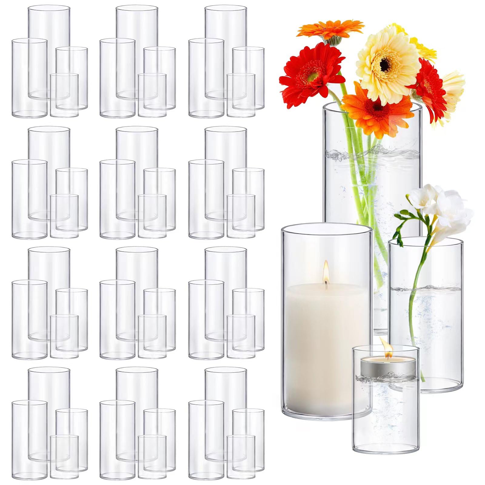 16 Pack Glass Cylinder Vases 4,6,8,10 Inch Tall Clear Flower Vase Hurricane Floating Candle Holder for Table Centerpiece Wedding Home Decor