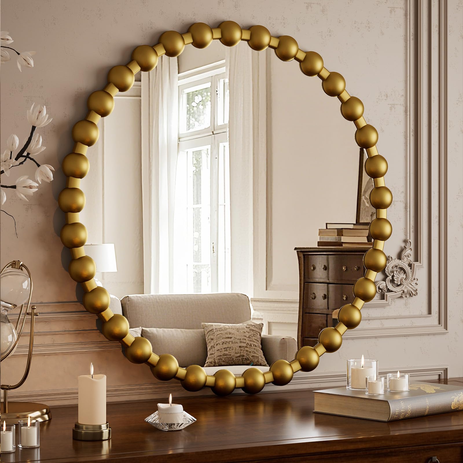 Round Mirror for Wall, 24 Inch Black Beaded Frame Decorative Vanity Mirror, Circle Bathroom Mirror with High-Definition Lense, Modern Wall Decor for Bathroom, Living Room, Bedroom, Entryway