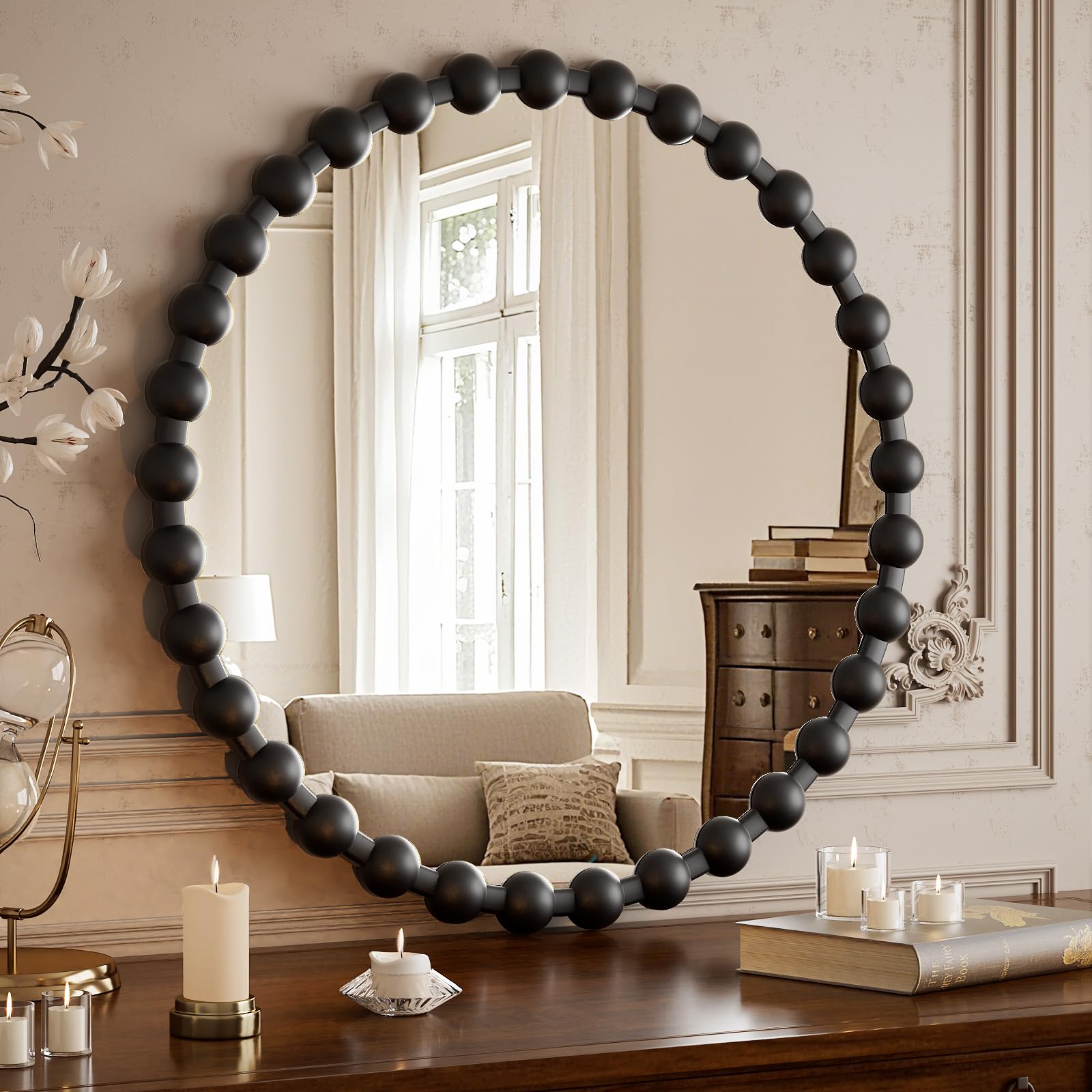 Round Mirror for Wall, 24 Inch Black Beaded Frame Decorative Vanity Mirror, Circle Bathroom Mirror with High-Definition Lense, Modern Wall Decor for Bathroom, Living Room, Bedroom, Entryway