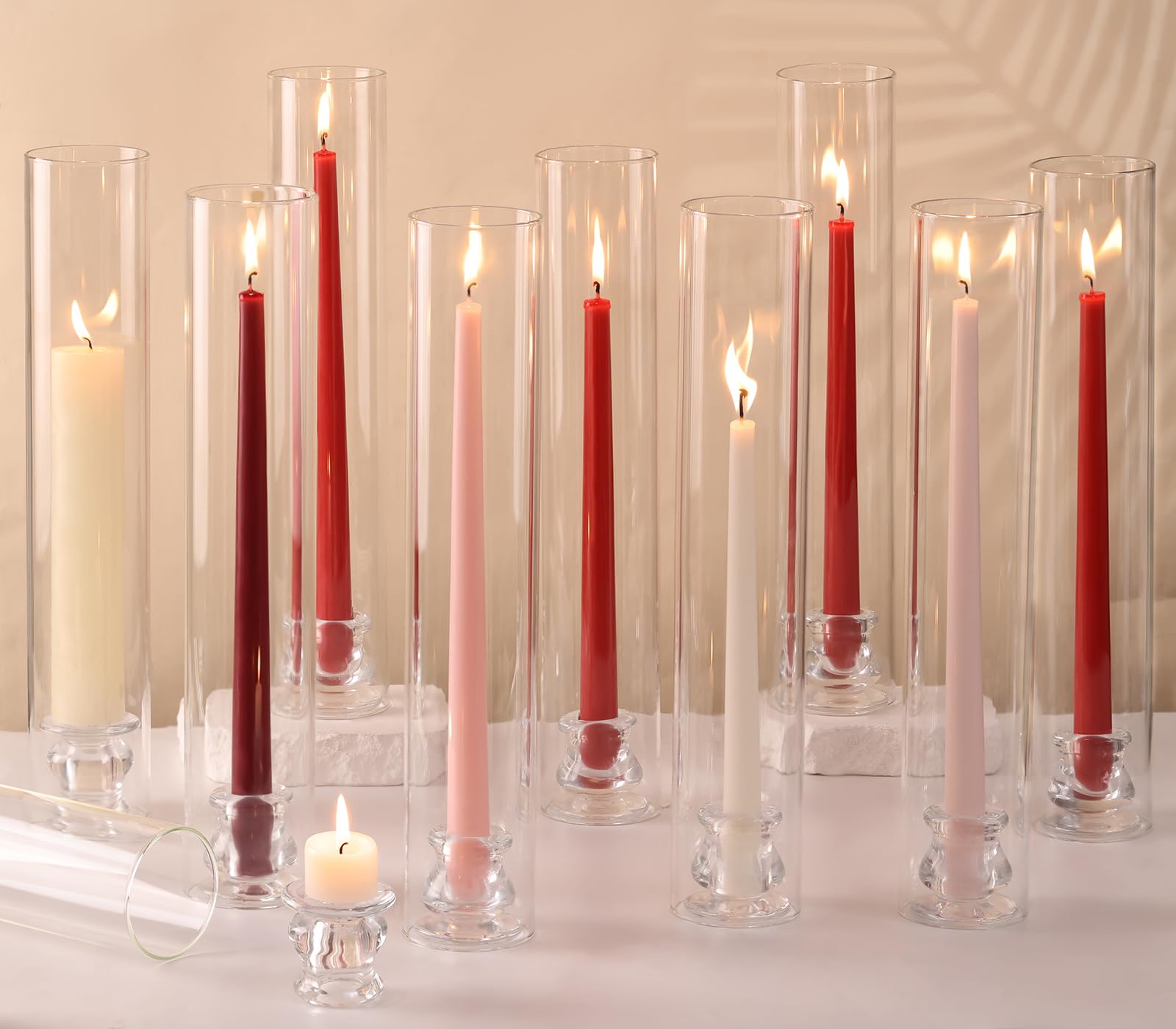 Volens Hurricane Glass Candle Holders - Set of 6 Candlestick Holders for Taper Candles with Windproof Cylinder Covers 14" Tall Clear Glass Chimney Cover for Wedding Table Centerpiece Home Decor