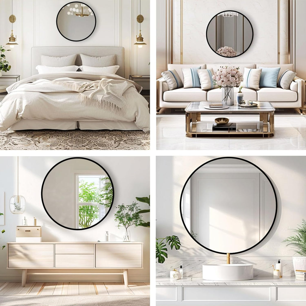 Round Black Mirror, 30 Inch Circle Black Mirror, Metal Frame Round Wall Mounted Mirrors for Bathroom, Living Room, Bedroom, Entryway, Vanity