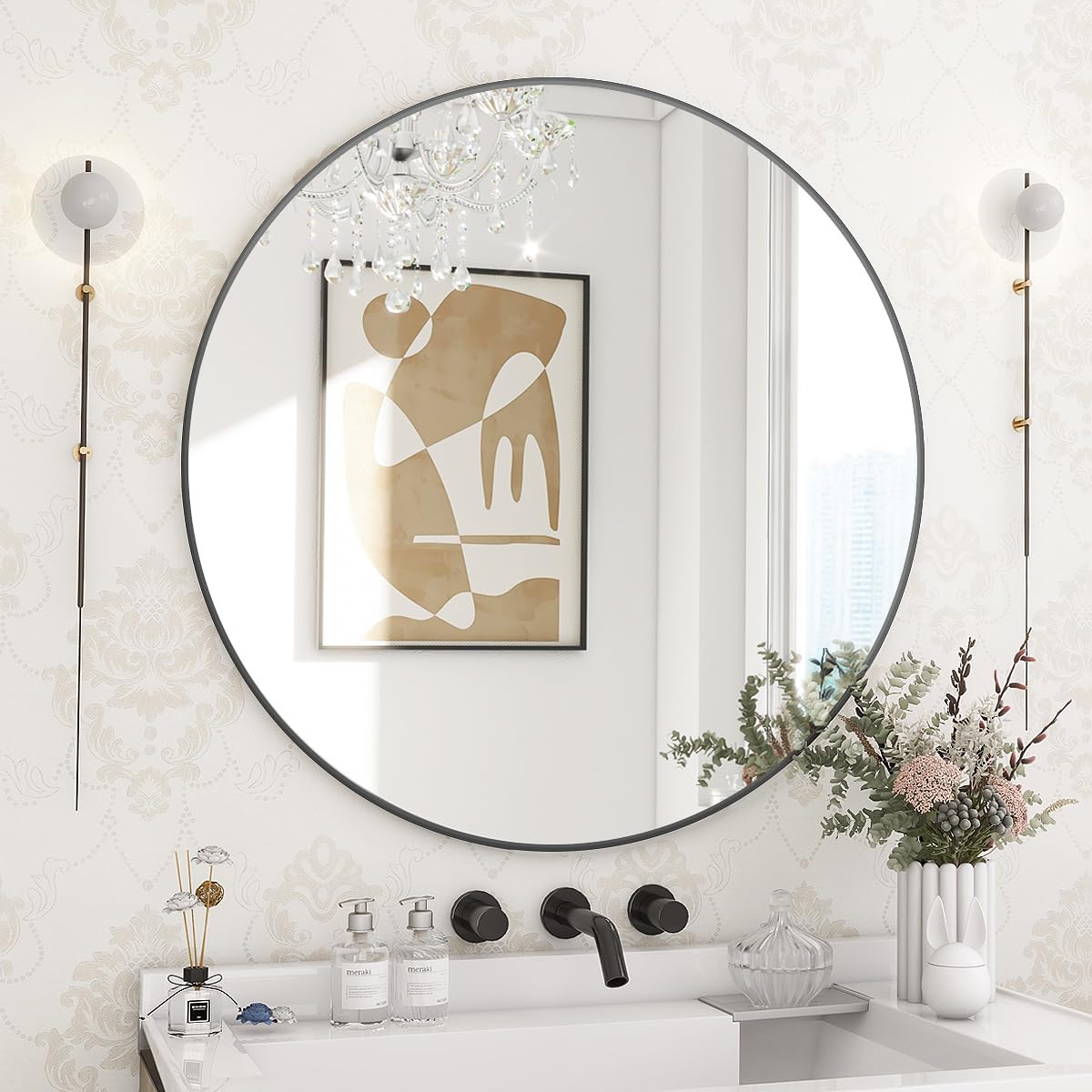 BEAUTYPEAK 24 Inch Round Mirror, Metal Frame Circle Mirror, Wall Mounted for Entryway, Bathroom, Vanity, Living Room, Gold