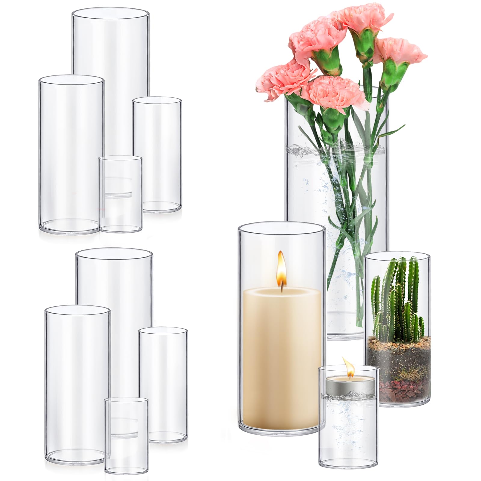 16 Pack Glass Cylinder Vases 4,6,8,10 Inch Tall Clear Flower Vase Hurricane Floating Candle Holder for Table Centerpiece Wedding Home Decor