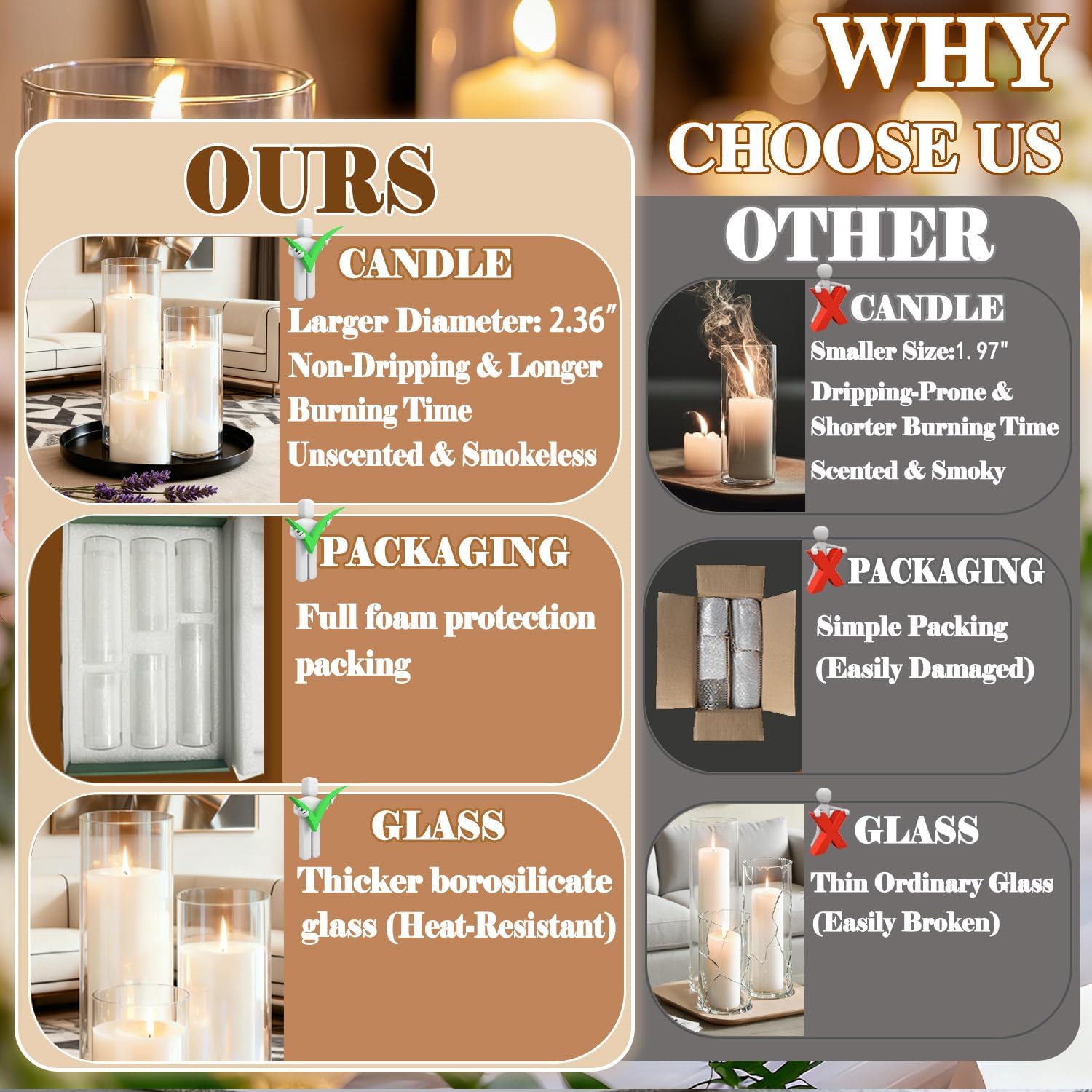 24 Pcs White Pillar Candles and Glass Cylinder Vases Clear Glass Pillar Candle Holders Hurricane Glass Candle Holders for Table Centerpieces Wedding, Party, Event, Home Office