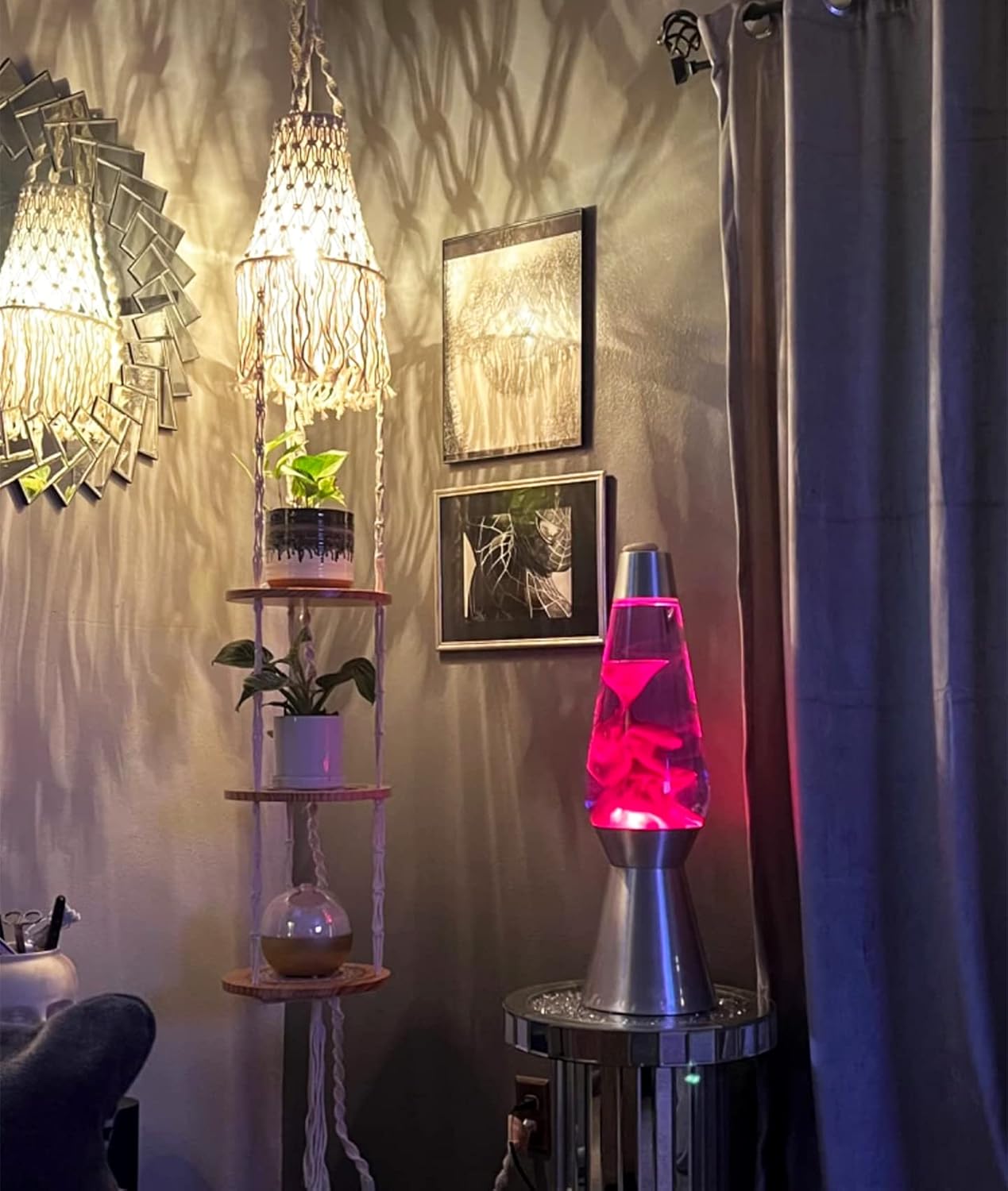 Boho Plug in Pendant Light,Hanging Light with Plug in Cord,Hanging Lamp Macrame Lamp Shade,Dimmable Switch,3 Tier Hanging Plant Shelf Shelves Bohemian Decor for Bedroom Living Room Corner
