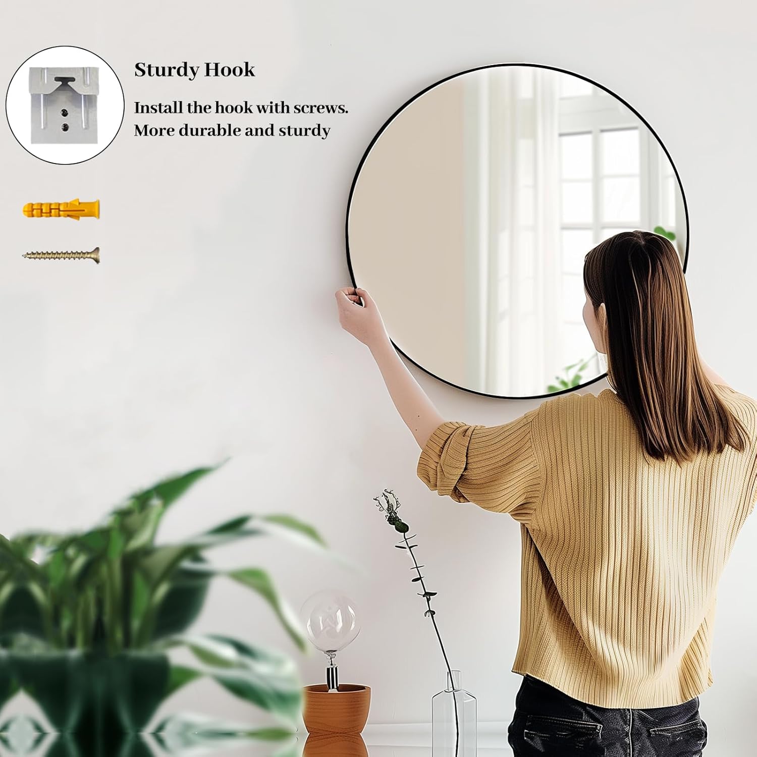 Black Round Mirror, Round Mirror 24 inch, Black Circle Mirrors Metal Frame, Wall Mounted Mirrors for Living Room, Bathroom, Wall, Entryway.